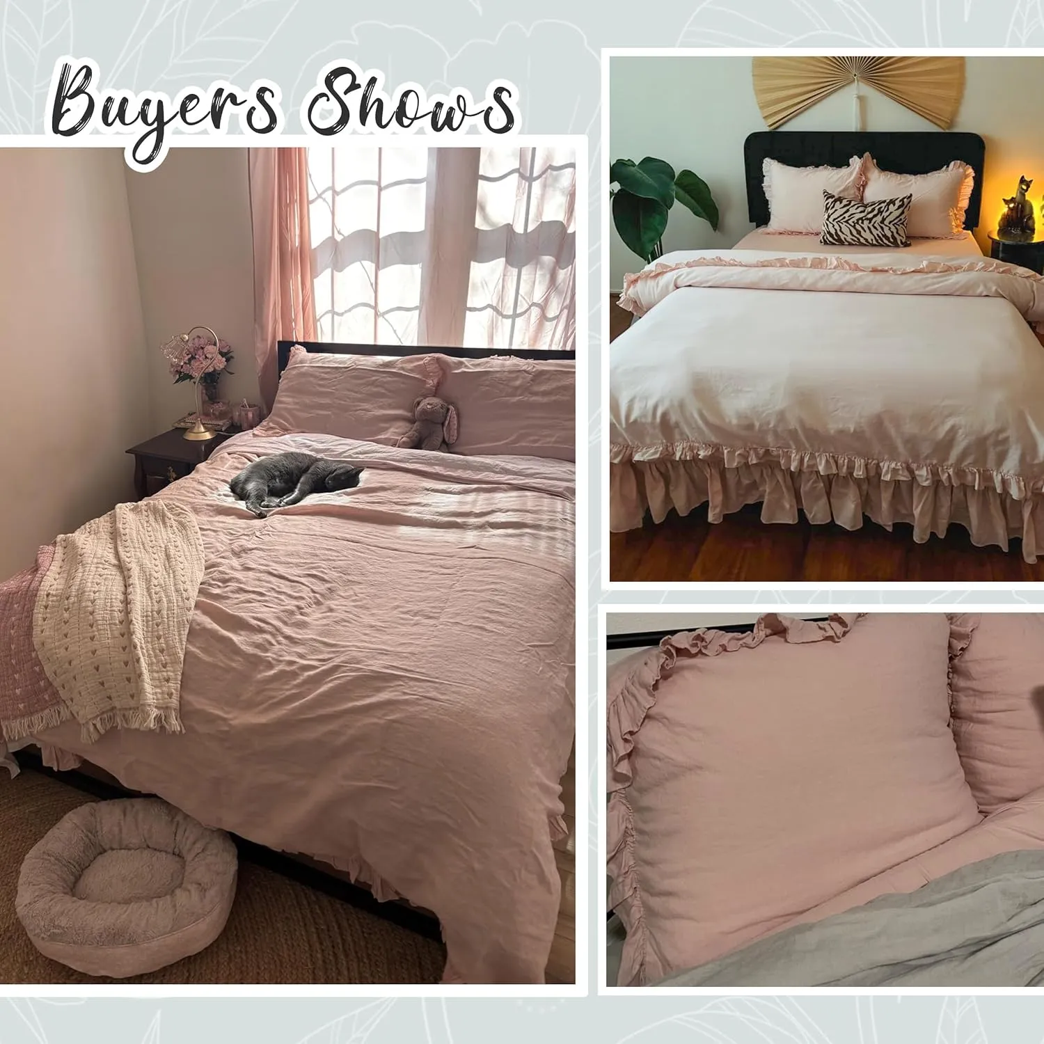 Simple&Opulence 100% Linen Duvet Cover Set, 3 PCS Natural French Flax Blush Pink Ruffle Duvet Cover Full Size, Breathable Comfy Linen Bedding Comforter Cover with 2 Pillowcases (Blush Pink, 78" X 86")