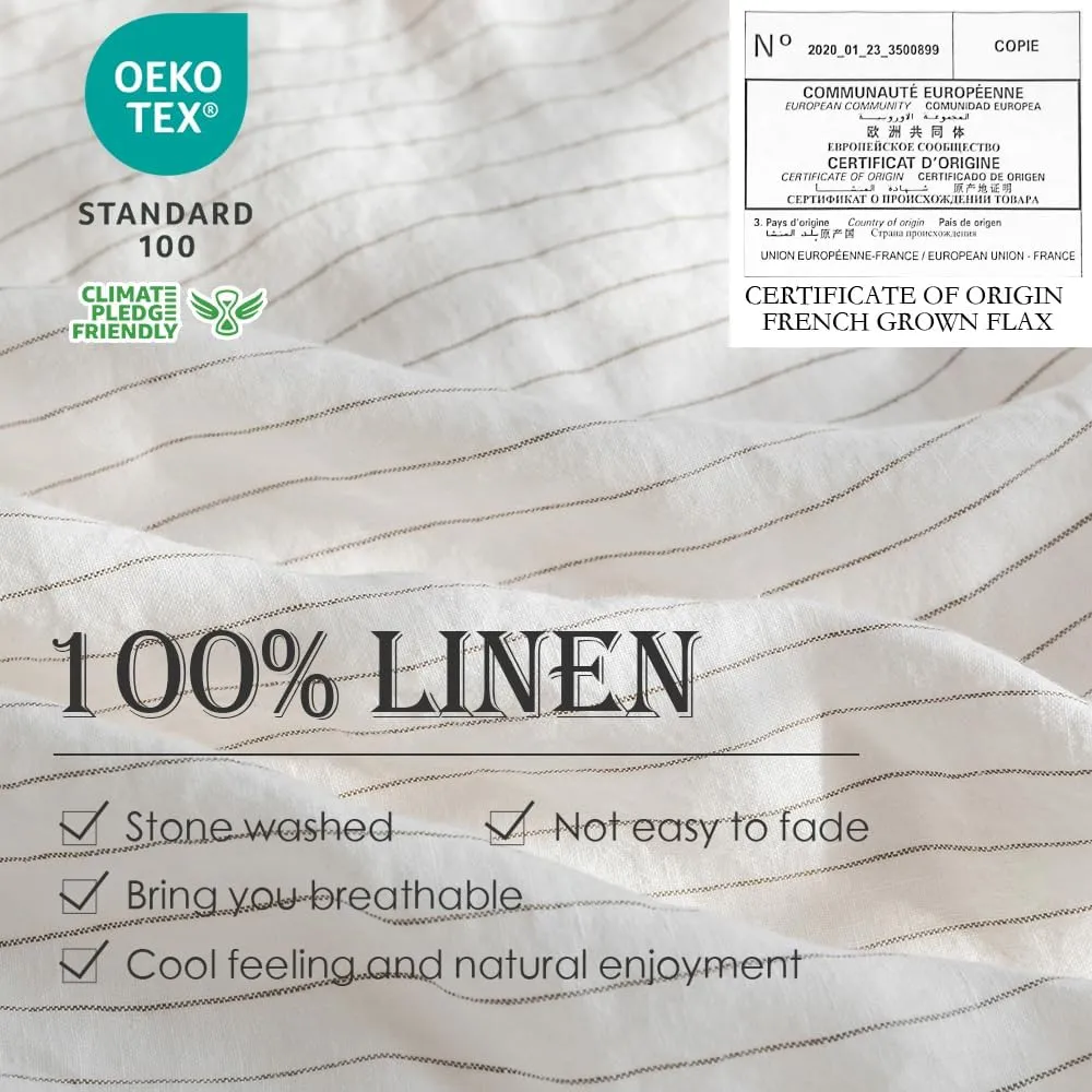 Simple&Opulence 100% Linen Duvet Cover Set 3pcs Yarn Dyed Vertical Pinstripe Ticking Pattern Natural French Washed Flax Breathable Farmhouse Bedding - Grey Stripe, Queen Size