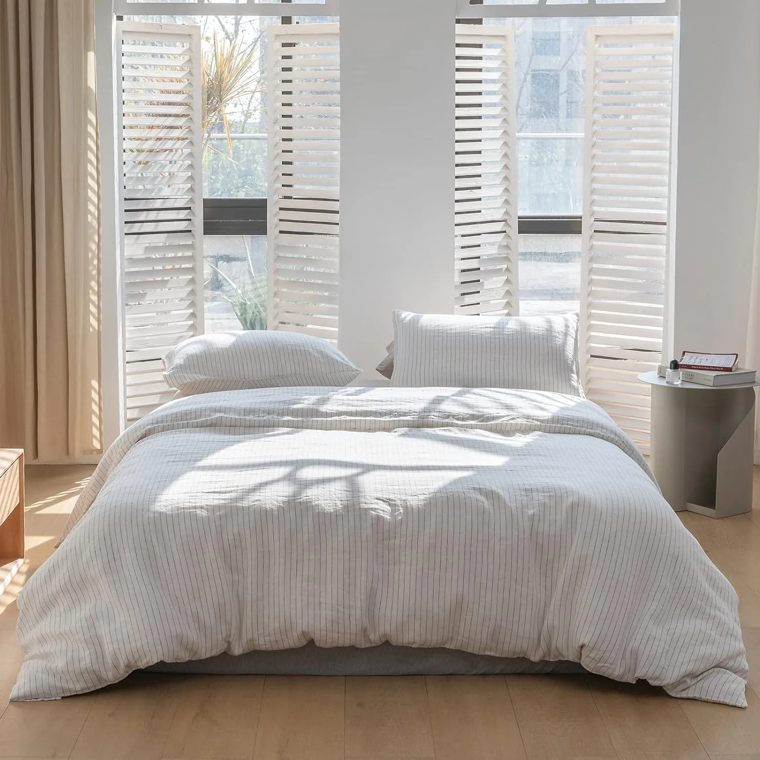 Simple&Opulence 100% Linen Duvet Cover Set 3pcs Yarn Dyed Vertical Pinstripe Ticking Pattern Natural French Washed Flax Breathable Farmhouse Bedding - Grey Stripe, Queen Size