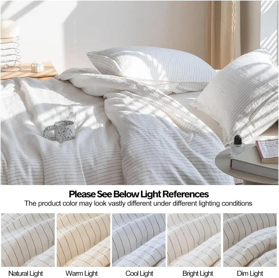 Simple&Opulence 100% Linen Duvet Cover Set 3pcs Yarn Dyed Vertical Pinstripe Ticking Pattern Natural French Washed Flax Breathable Farmhouse Bedding - Grey Stripe, Queen Size
