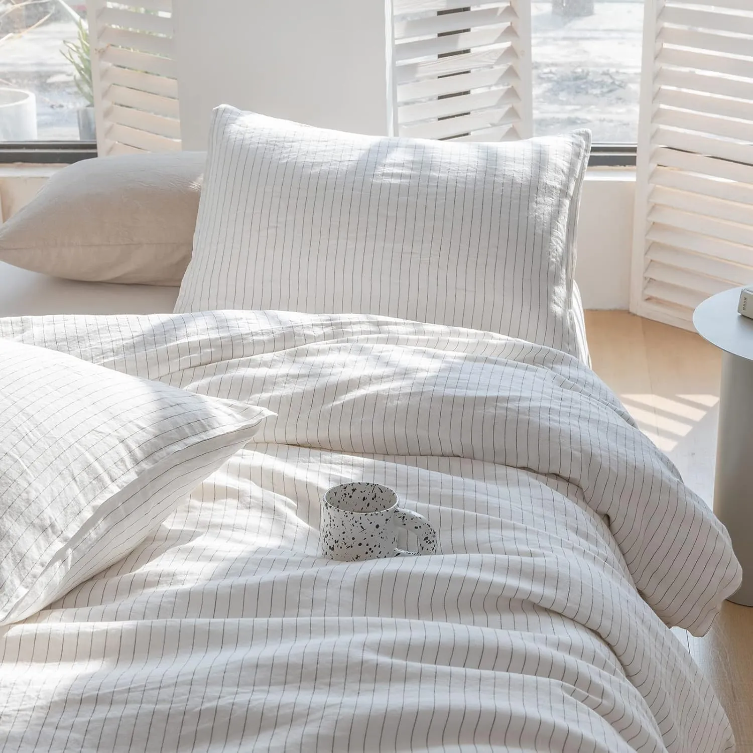 Simple&Opulence 100% Linen Duvet Cover Set 3pcs Yarn Dyed Vertical Pinstripe Ticking Pattern Natural French Washed Flax Breathable Farmhouse Bedding - Grey Stripe, Queen Size