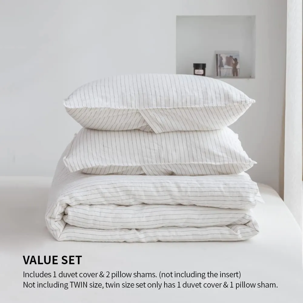 Simple&Opulence 100% Linen Duvet Cover Set 3pcs Yarn Dyed Vertical Pinstripe Ticking Pattern Natural French Washed Flax Breathable Farmhouse Bedding - Grey Stripe, Queen Size