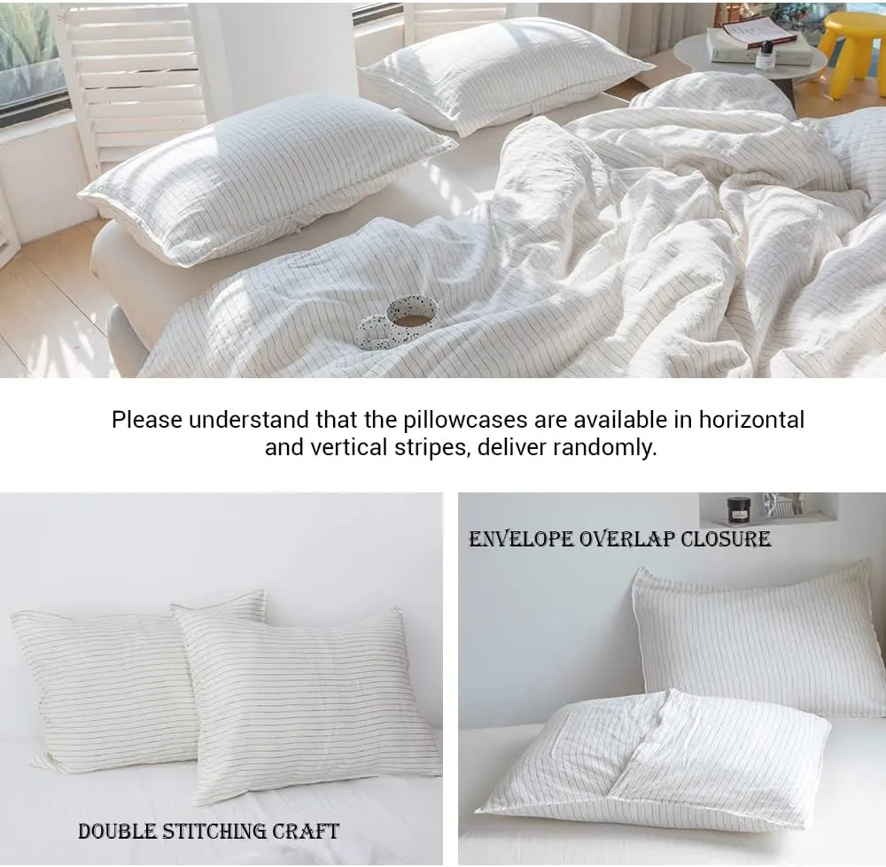 Simple&Opulence 100% Linen Duvet Cover Set 3pcs Yarn Dyed Vertical Pinstripe Ticking Pattern Natural French Washed Flax Breathable Farmhouse Bedding - Grey Stripe, Queen Size