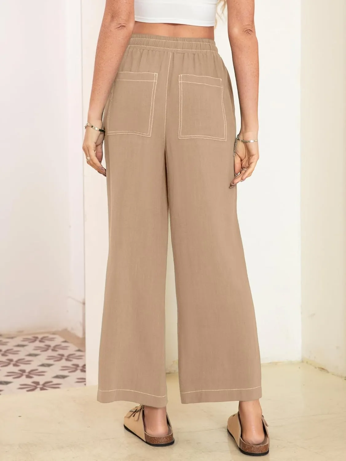 Simplee Women's Wide Leg Palazzo Pants High Waisted Boho Casual Drawstring Linen Pants Trousers with Pockets