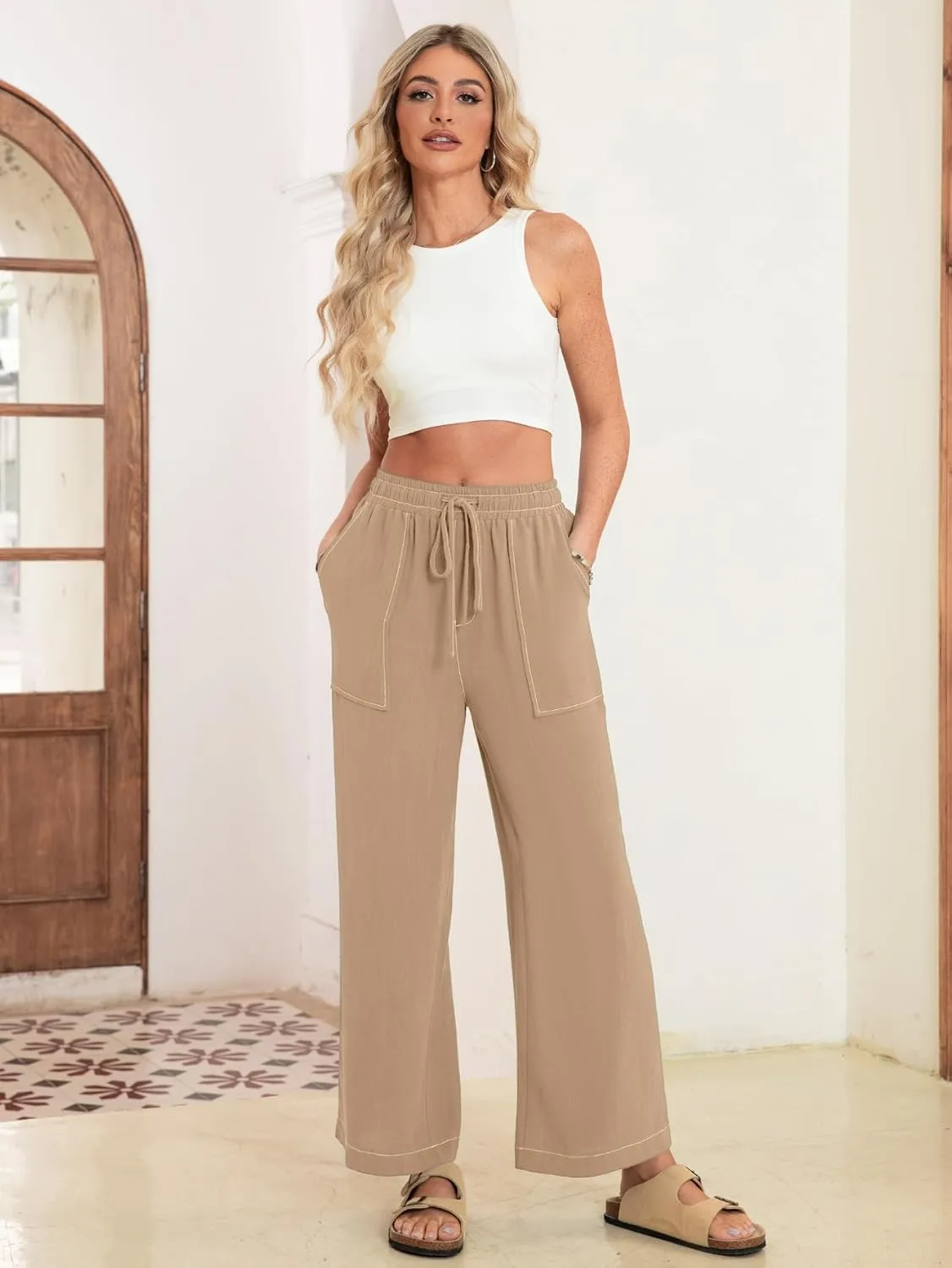 Simplee Women's Wide Leg Palazzo Pants High Waisted Boho Casual Drawstring Linen Pants Trousers with Pockets
