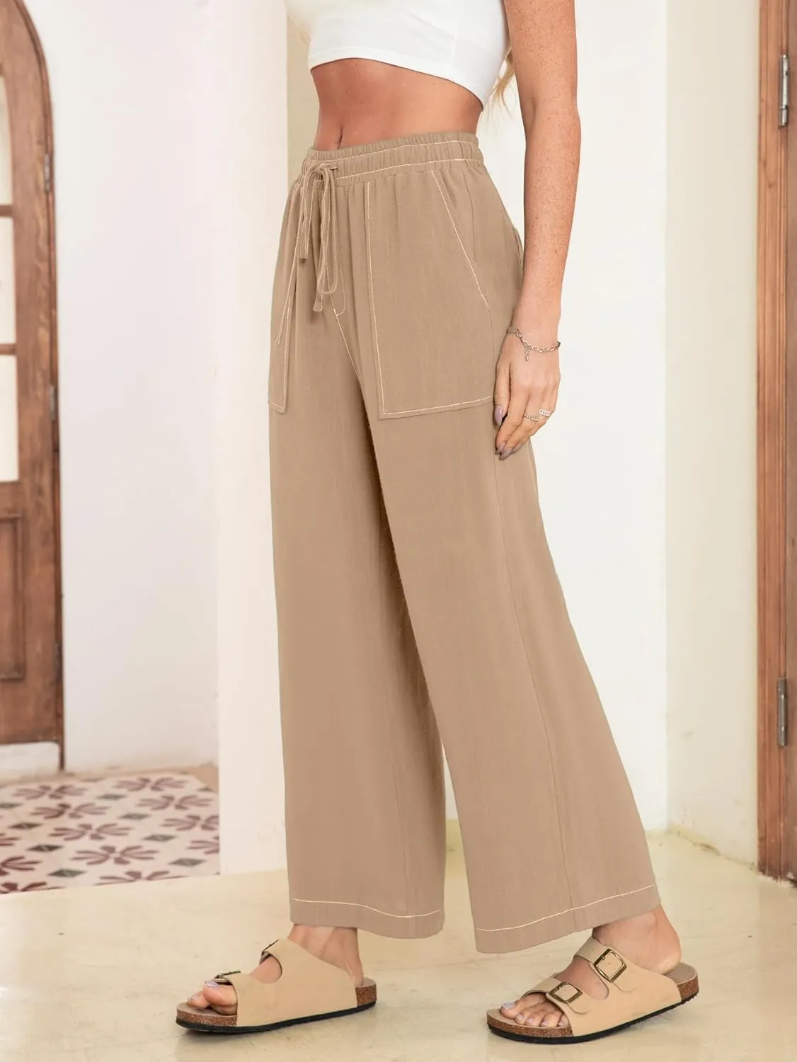 Simplee Women's Wide Leg Palazzo Pants High Waisted Boho Casual Drawstring Linen Pants Trousers with Pockets