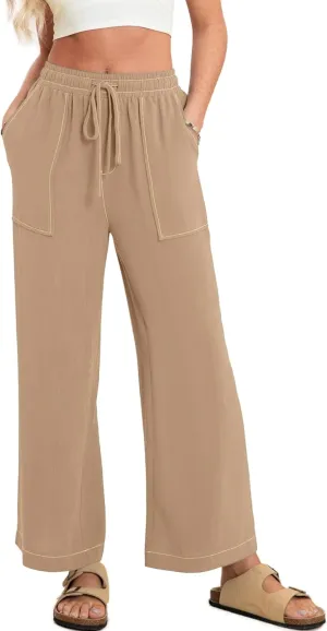 Simplee Women's Wide Leg Palazzo Pants High Waisted Boho Casual Drawstring Linen Pants Trousers with Pockets