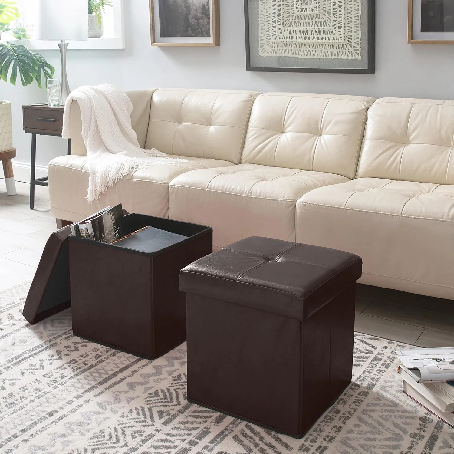 Simplify Faux Leather Cube Storage Ottoman, Chocolate (F-0625-CHOCO)