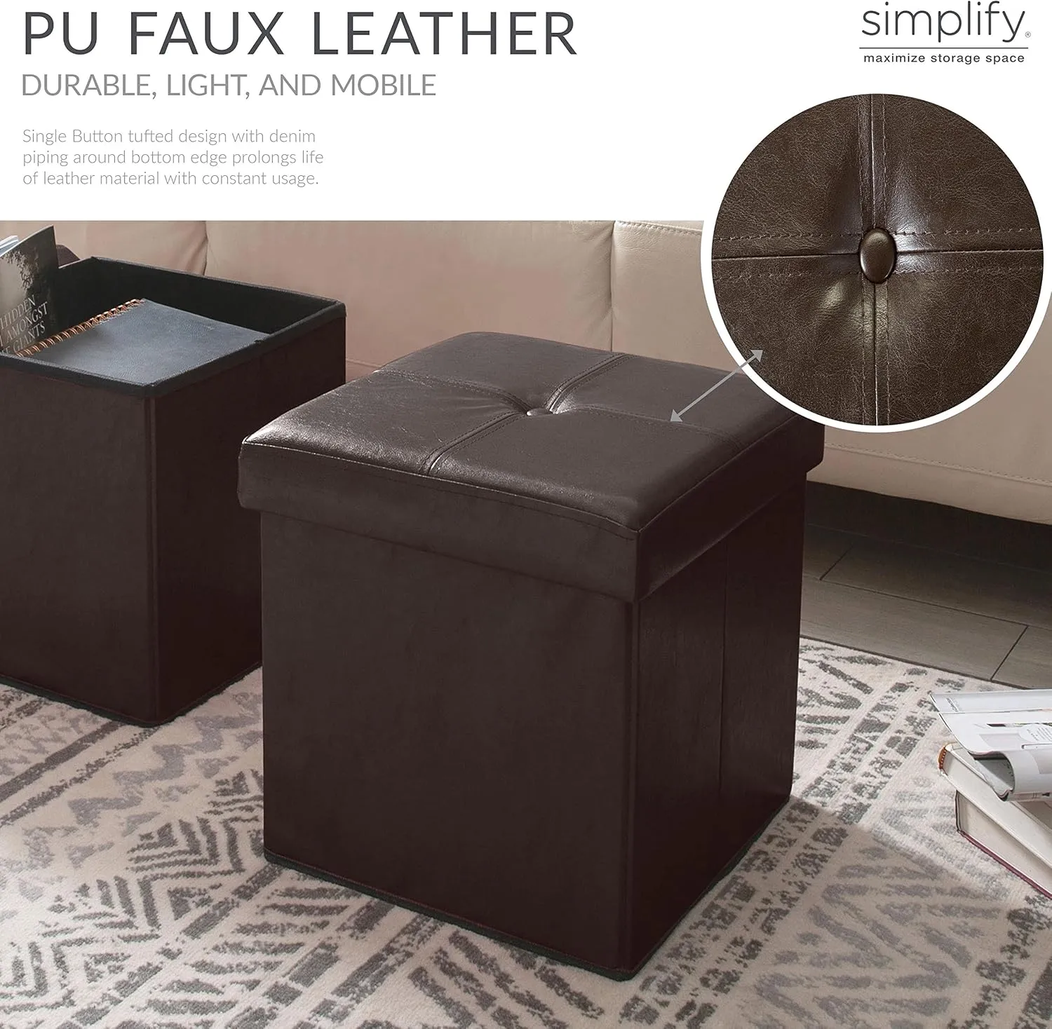 Simplify Faux Leather Cube Storage Ottoman, Chocolate (F-0625-CHOCO)