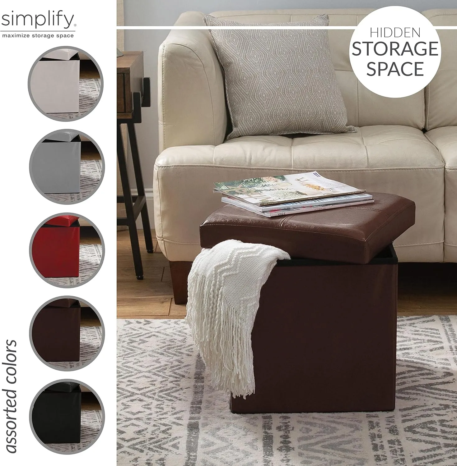 Simplify Faux Leather Cube Storage Ottoman, Chocolate (F-0625-CHOCO)