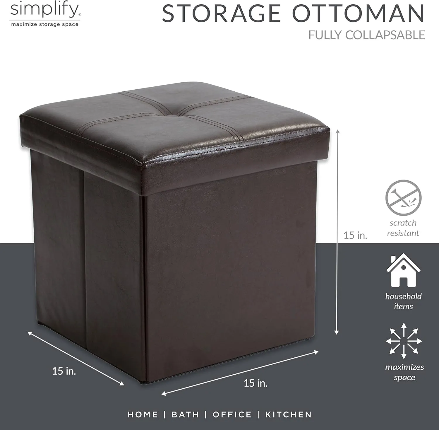 Simplify Faux Leather Cube Storage Ottoman, Chocolate (F-0625-CHOCO)