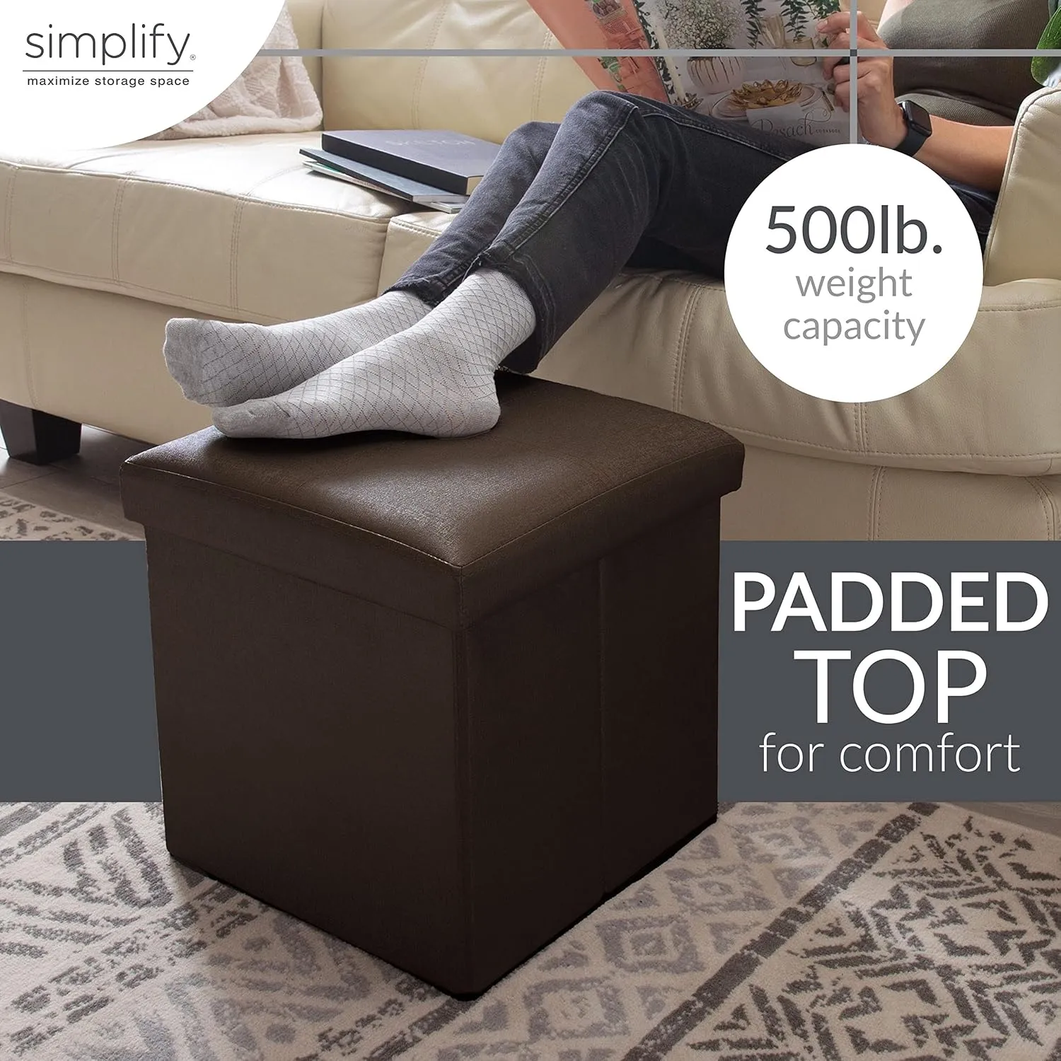 Simplify Faux Leather Cube Storage Ottoman, Chocolate (F-0625-CHOCO)