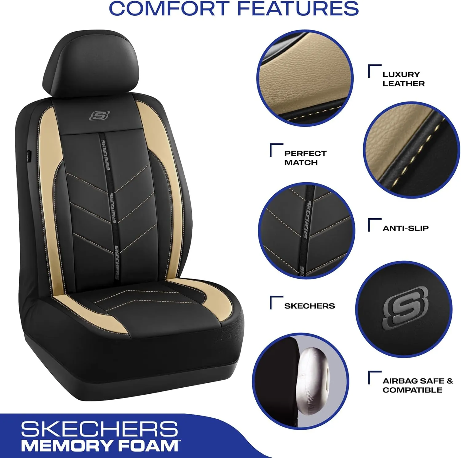 Skechers Car Seat Covers,Luxury Faux Leather Seat Covers,Waterproof Anti Slip Car Seat Protector Front Seats,Car Accessories Airbag Universal Fit for Most Cars,Vans,Trucks,SUV,Beige