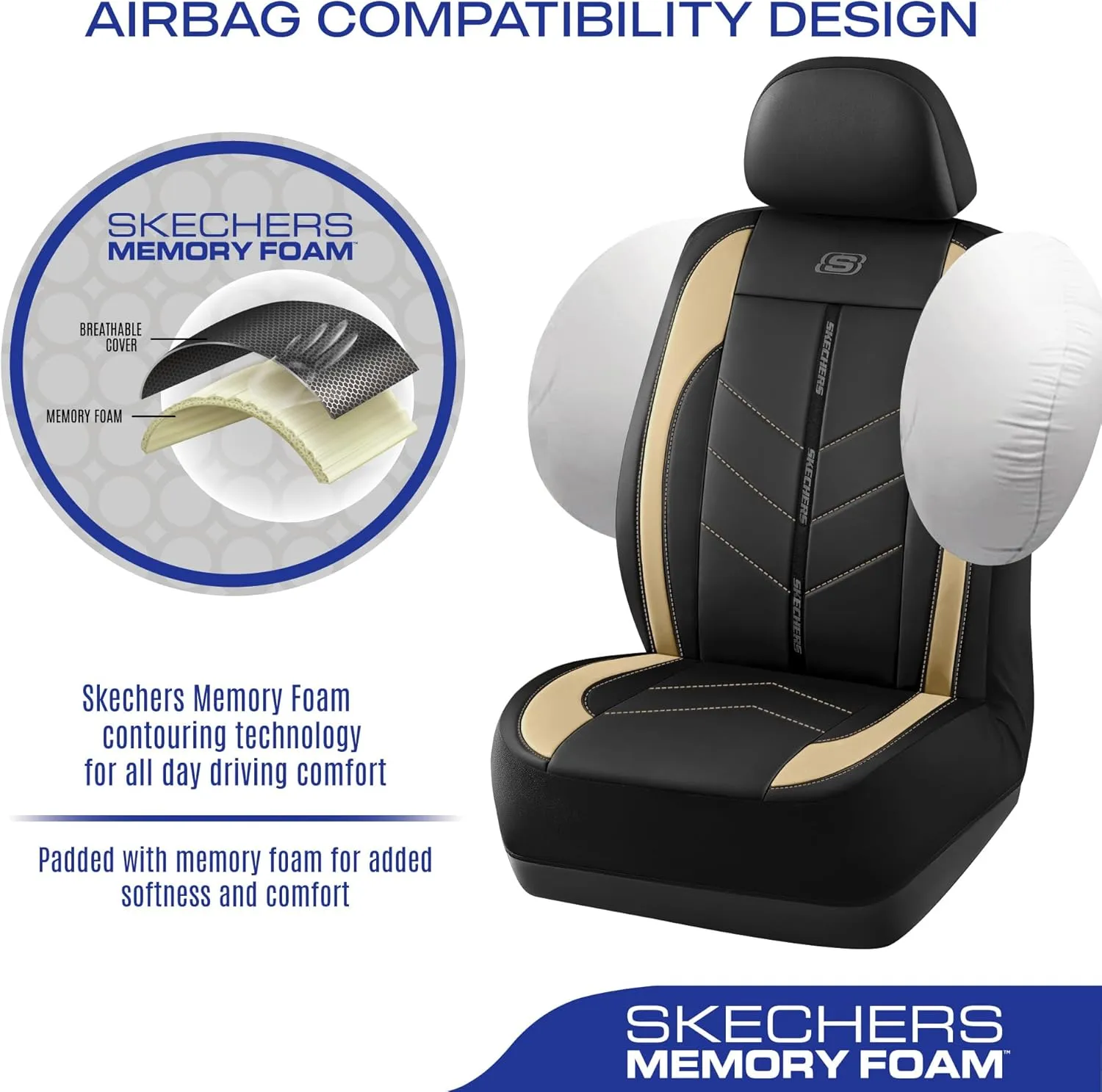 Skechers Car Seat Covers,Luxury Faux Leather Seat Covers,Waterproof Anti Slip Car Seat Protector Front Seats,Car Accessories Airbag Universal Fit for Most Cars,Vans,Trucks,SUV,Beige