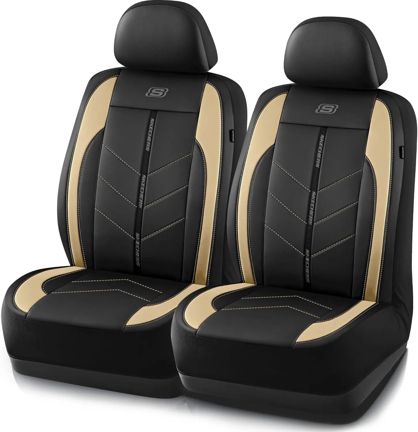 Skechers Car Seat Covers,Luxury Faux Leather Seat Covers,Waterproof Anti Slip Car Seat Protector Front Seats,Car Accessories Airbag Universal Fit for Most Cars,Vans,Trucks,SUV,Beige