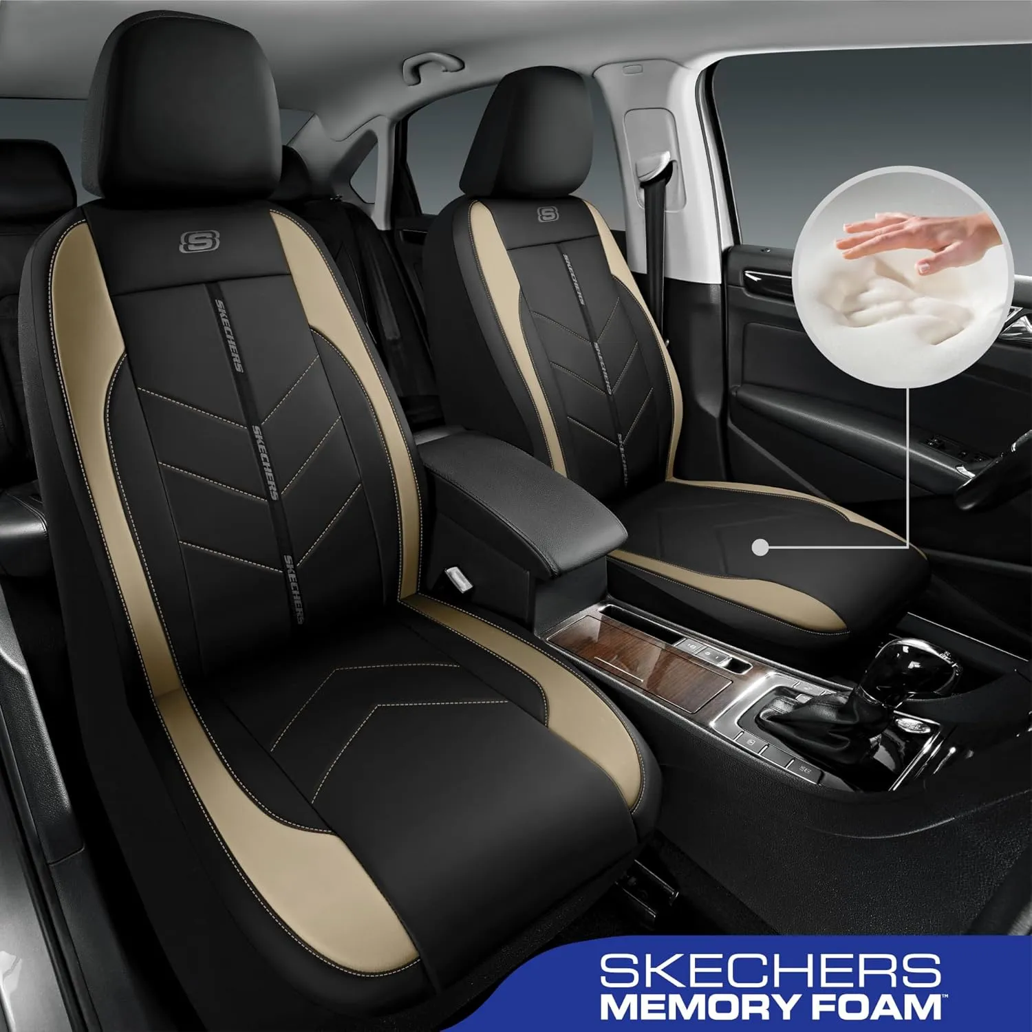 Skechers Car Seat Covers,Luxury Faux Leather Seat Covers,Waterproof Anti Slip Car Seat Protector Front Seats,Car Accessories Airbag Universal Fit for Most Cars,Vans,Trucks,SUV,Beige