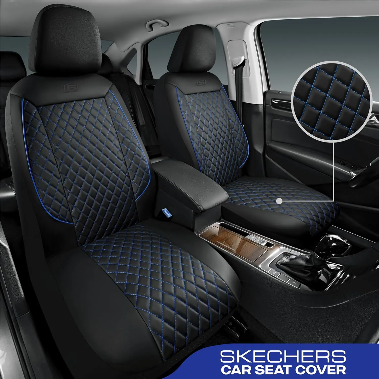 Skechers Car Seat Covers,Piping Luxury Faux Seat Covers,Waterproof Anti Slip Car Seat Protector Full Set,Car Accessories Airbag Universal Fit for Most Cars,Vans,Trucks,SUV,Blue