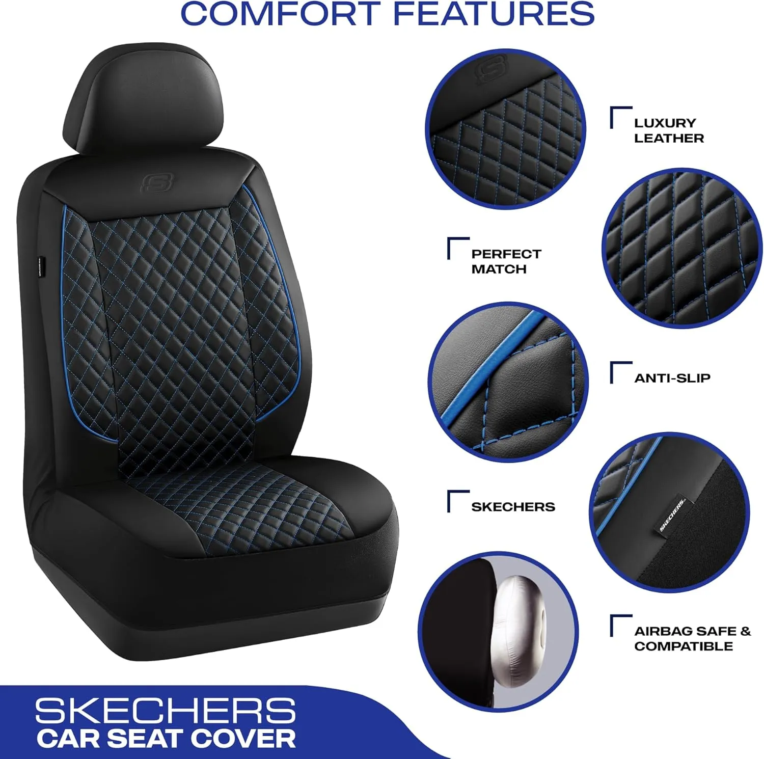 Skechers Car Seat Covers,Piping Luxury Faux Seat Covers,Waterproof Anti Slip Car Seat Protector Full Set,Car Accessories Airbag Universal Fit for Most Cars,Vans,Trucks,SUV,Blue