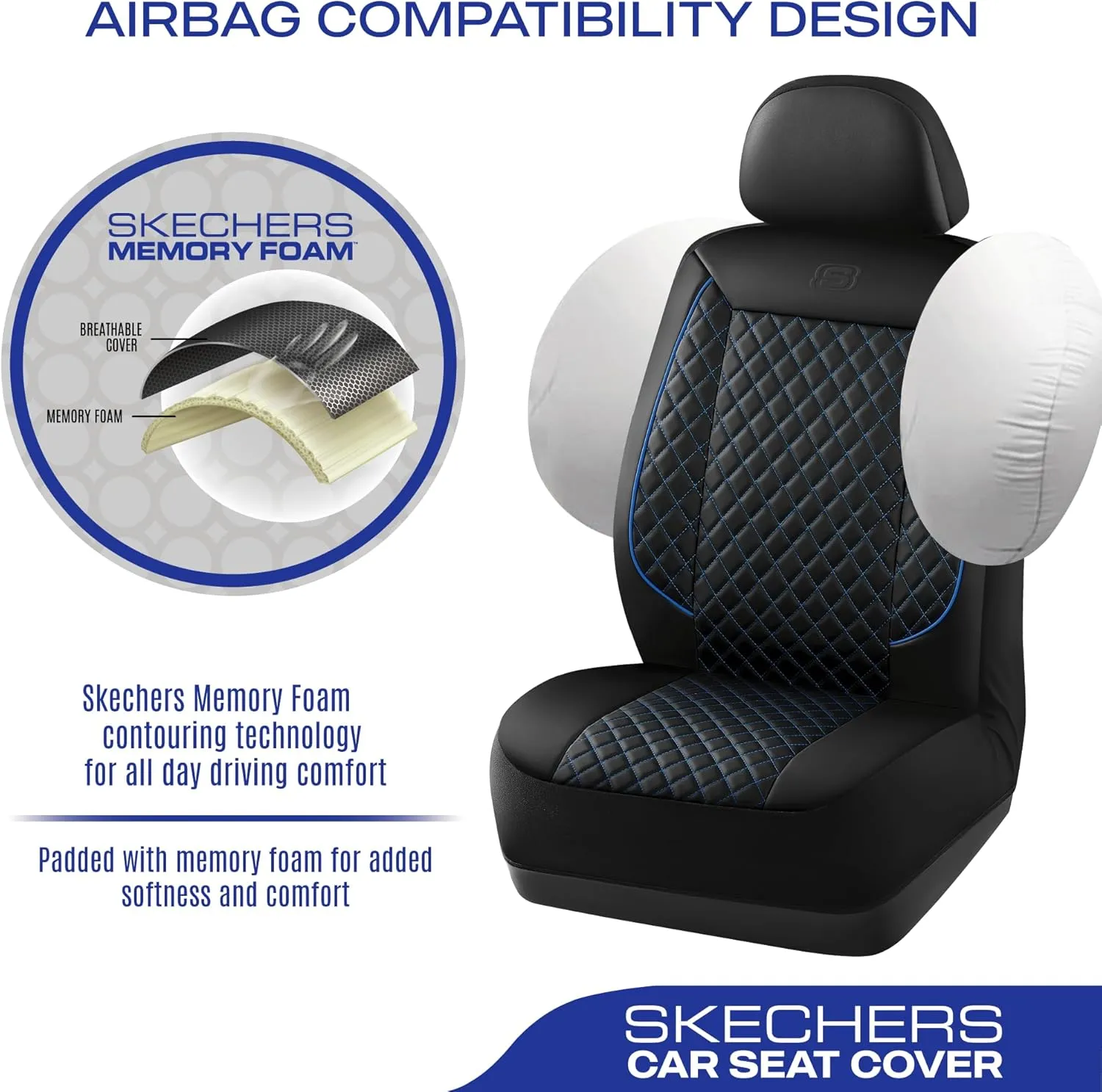 Skechers Car Seat Covers,Piping Luxury Faux Seat Covers,Waterproof Anti Slip Car Seat Protector Full Set,Car Accessories Airbag Universal Fit for Most Cars,Vans,Trucks,SUV,Blue