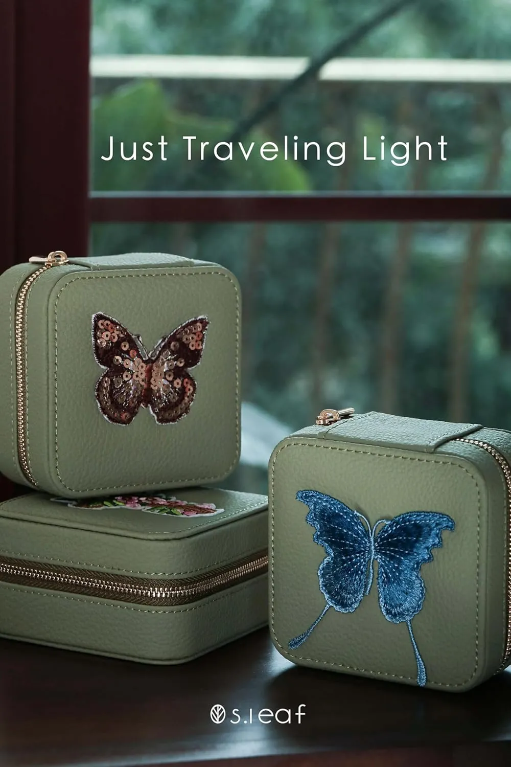 S.Leaf Travel Jewelry Organizer Travel Jewelry Boxes for Women Small Jewelry Travel Case Box Portable Travel Jewelry Case Travel Case Mini Jewelry (03_Lychee_Butterfly_Brown)