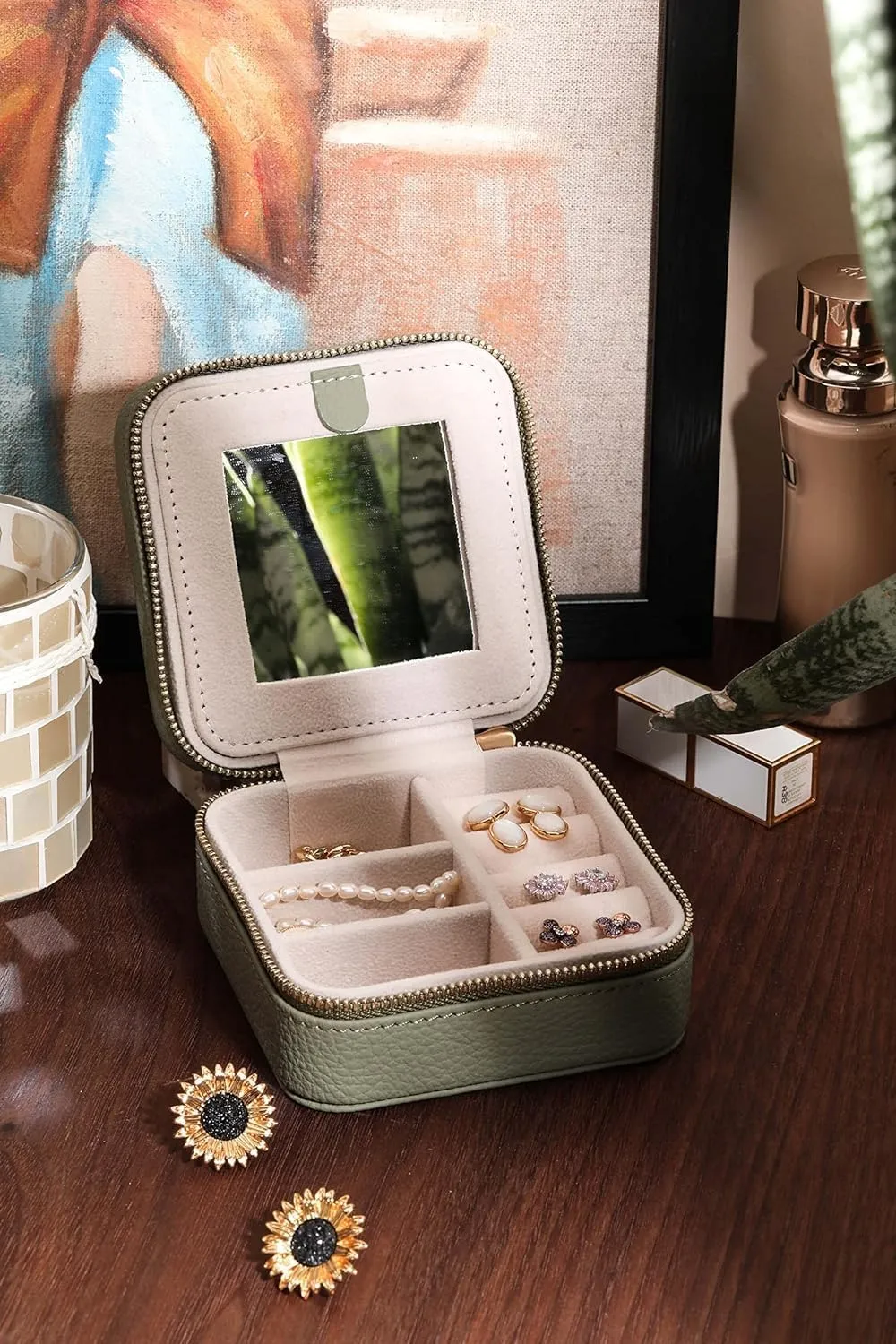 S.Leaf Travel Jewelry Organizer Travel Jewelry Boxes for Women Small Jewelry Travel Case Box Portable Travel Jewelry Case Travel Case Mini Jewelry (03_Lychee_Butterfly_Brown)