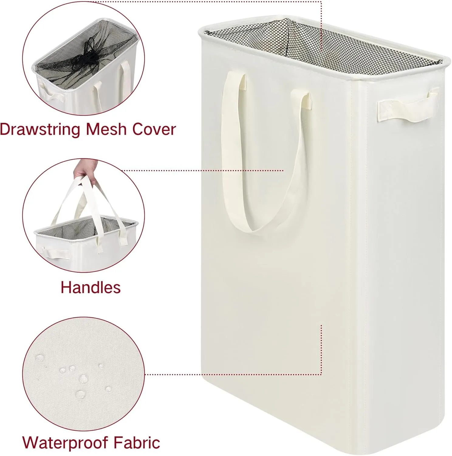 Slim Laundry Basket, Narrow Laundry Hamper with Handles, Collapsible Dirty Clothes Hamper, Tall Laundry Bin for Laundry Room, Dorm and Bedroom, 12.7 Gallons(48L) Beige
