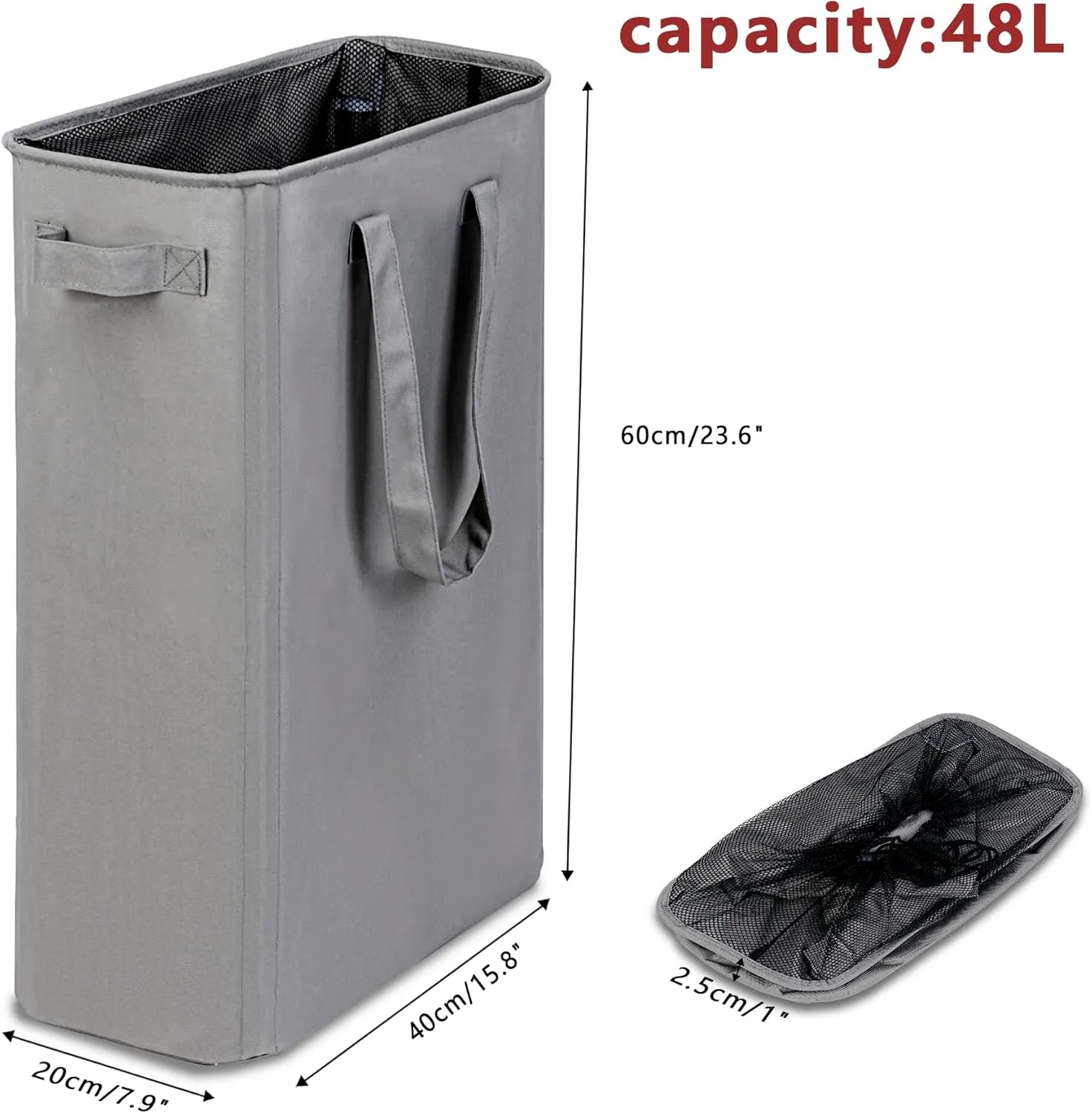 Slim Laundry Basket, Narrow Laundry Hamper with Handles, Collapsible Dirty Clothes Hamper, Tall Laundry Bin for Laundry Room, Dorm and Bedroom, 12.7 Gallons(48L) Grey