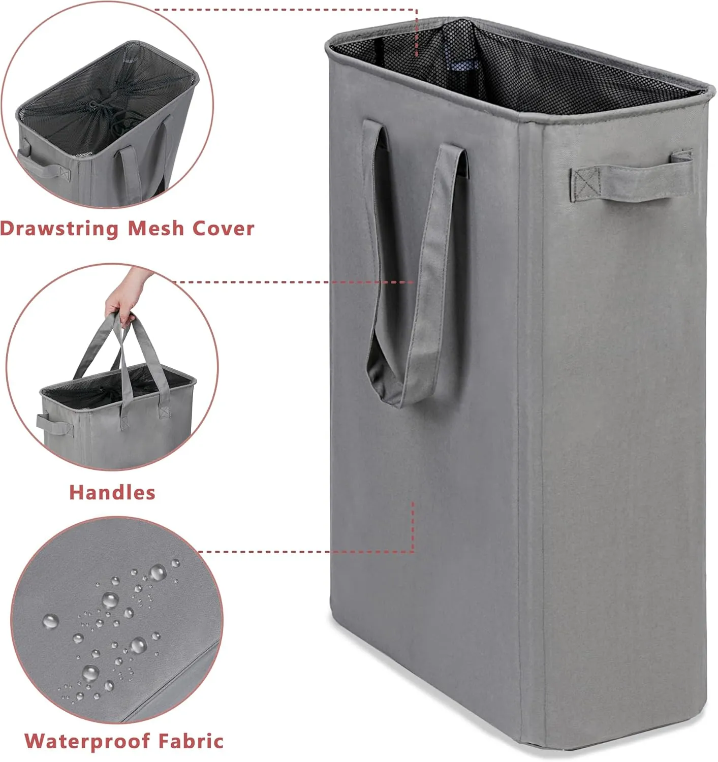 Slim Laundry Basket, Narrow Laundry Hamper with Handles, Collapsible Dirty Clothes Hamper, Tall Laundry Bin for Laundry Room, Dorm and Bedroom, 12.7 Gallons(48L) Grey