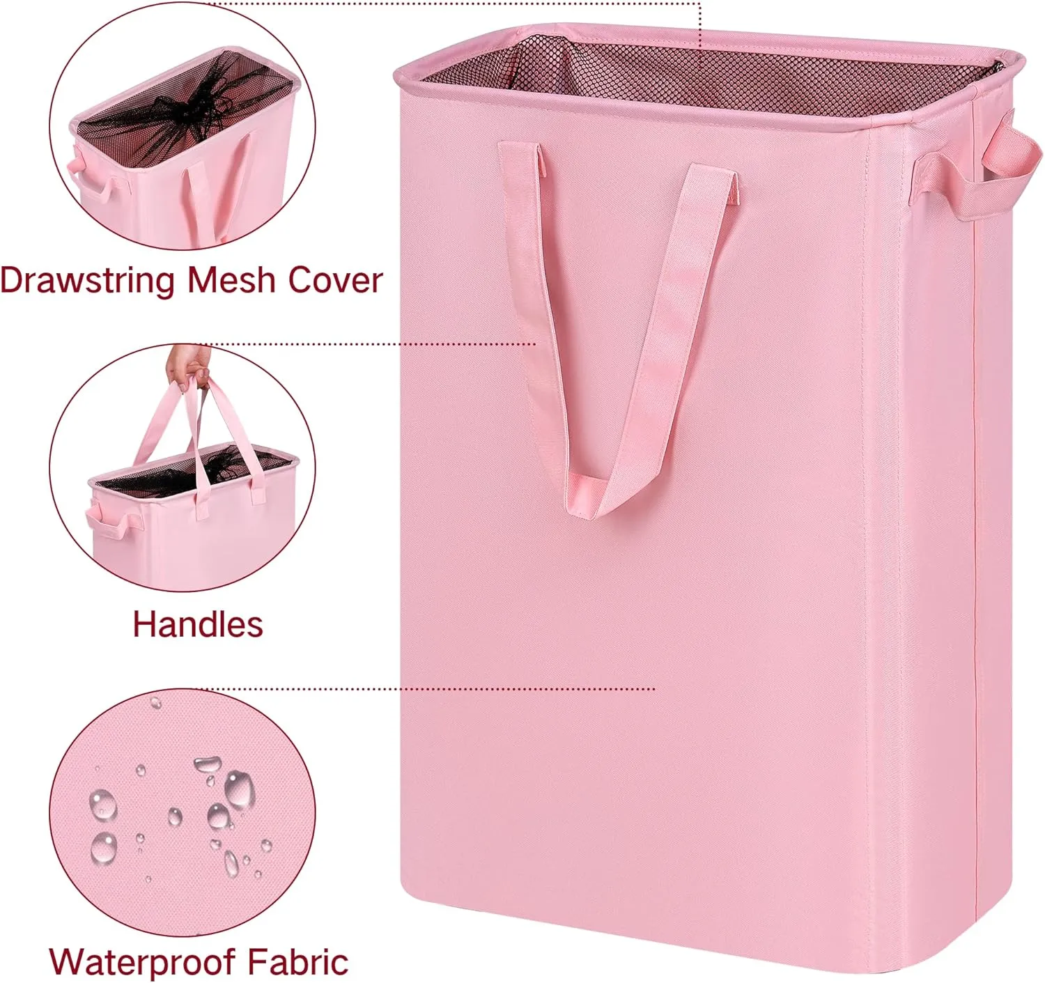 Slim Laundry Basket, Narrow Laundry Hamper with Handles, Collapsible Dirty Clothes Hamper, Tall Laundry Bin for Laundry Room, Dorm and Bedroom, 12.7 Gallons(48L) Pink