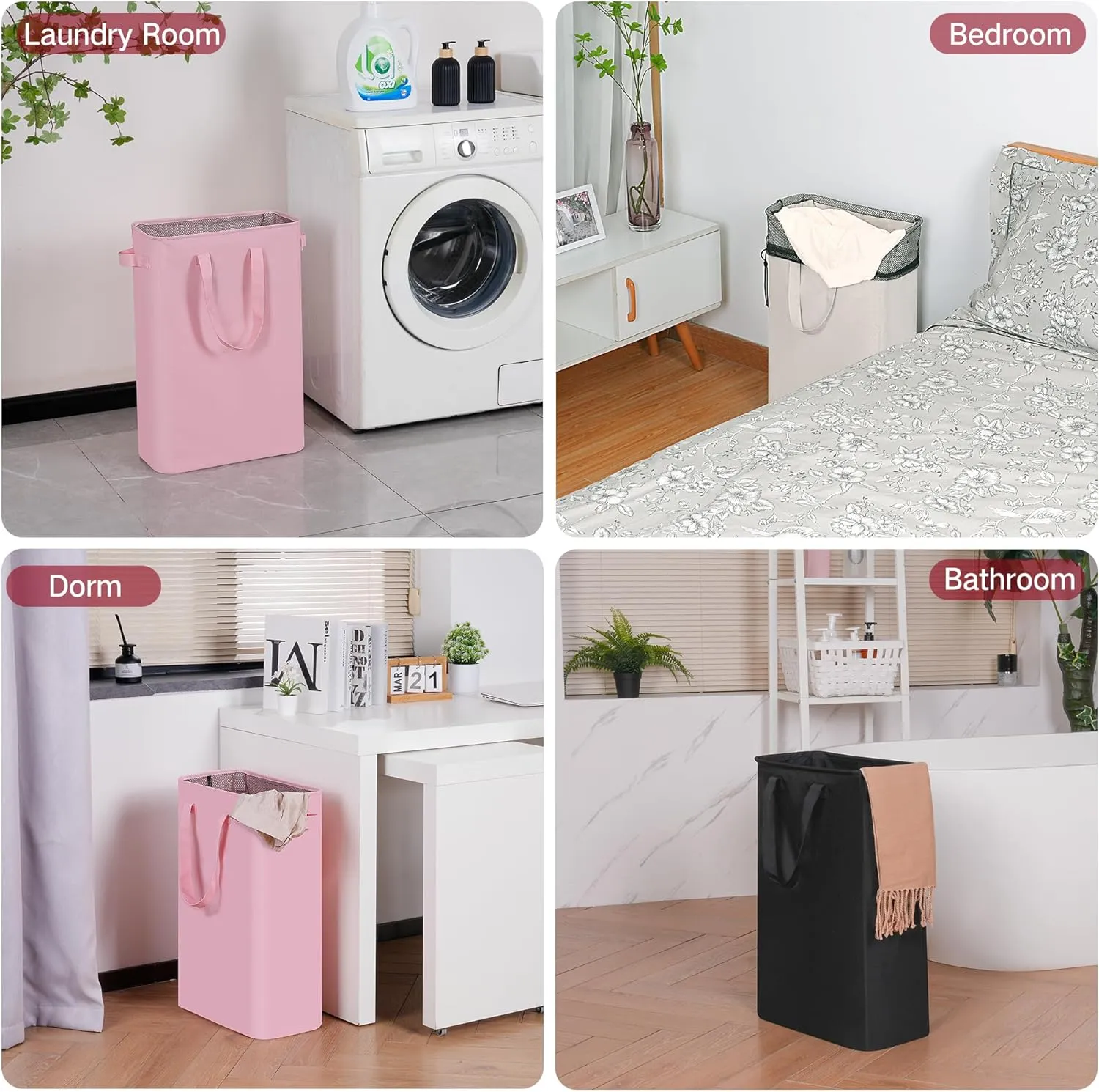 Slim Laundry Basket, Narrow Laundry Hamper with Handles, Collapsible Dirty Clothes Hamper, Tall Laundry Bin for Laundry Room, Dorm and Bedroom, 12.7 Gallons(48L) Pink