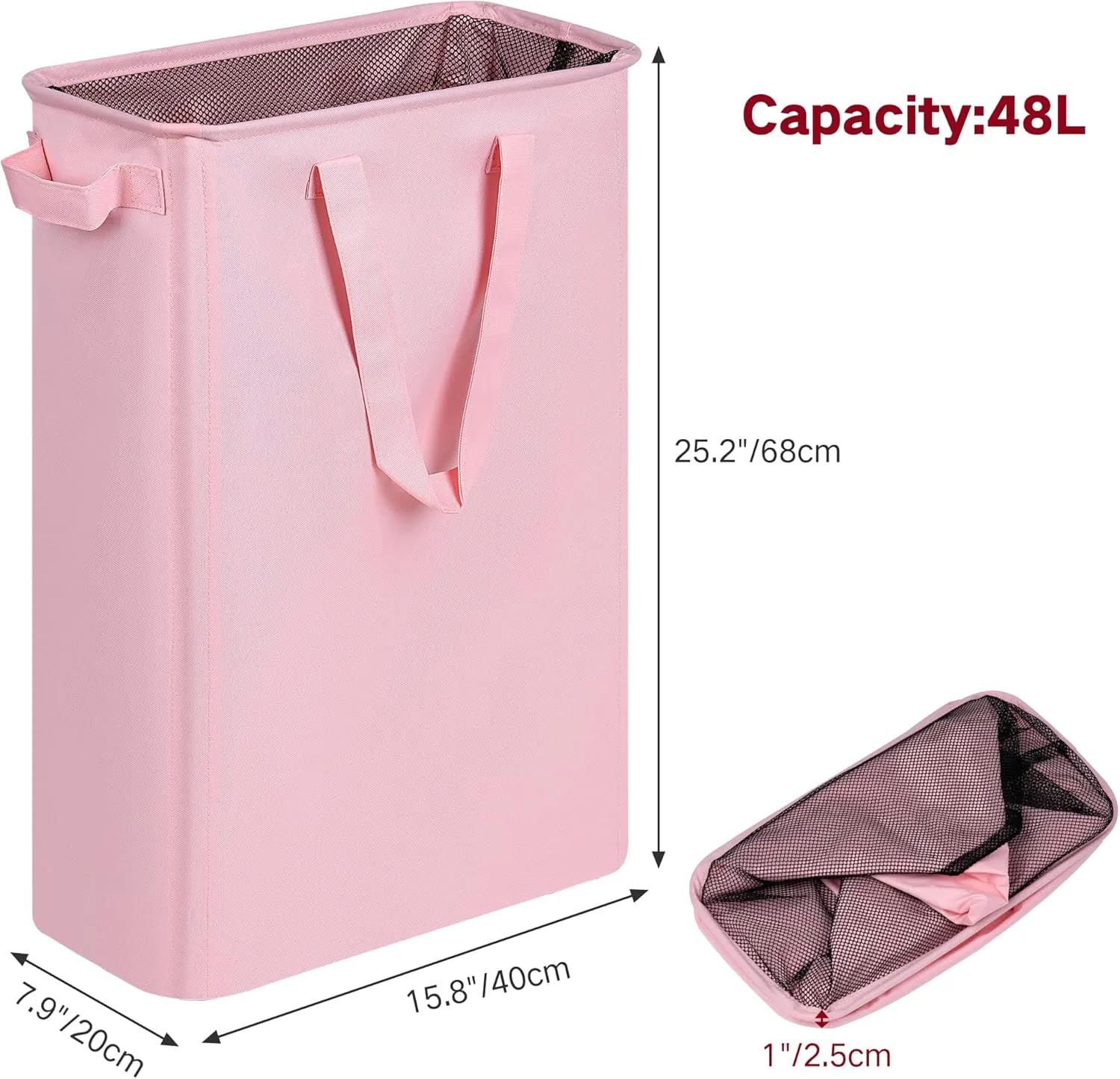 Slim Laundry Basket, Narrow Laundry Hamper with Handles, Collapsible Dirty Clothes Hamper, Tall Laundry Bin for Laundry Room, Dorm and Bedroom, 12.7 Gallons(48L) Pink