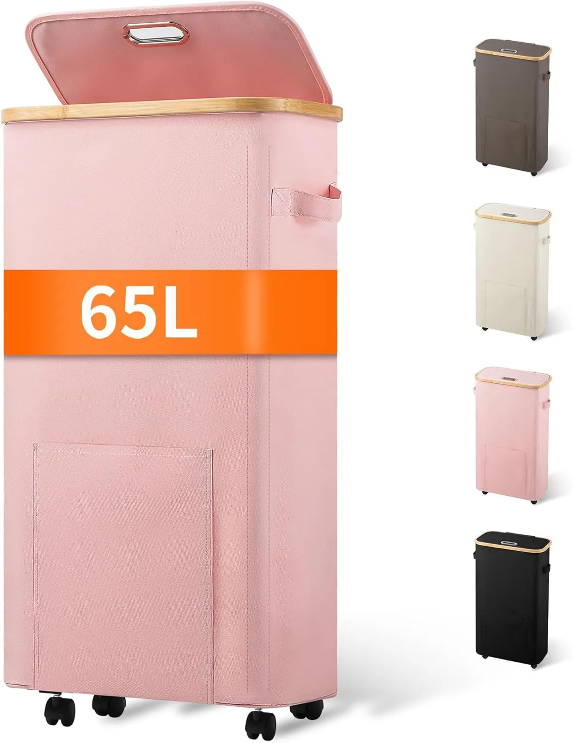 Slim Laundry Basket with Wheels, Tall Dirty Clothes Hamper on Wheels, Narrow Rolling Laundry Hamper with lid for Dorm, Bedroom and Bathroom, 65L Pink