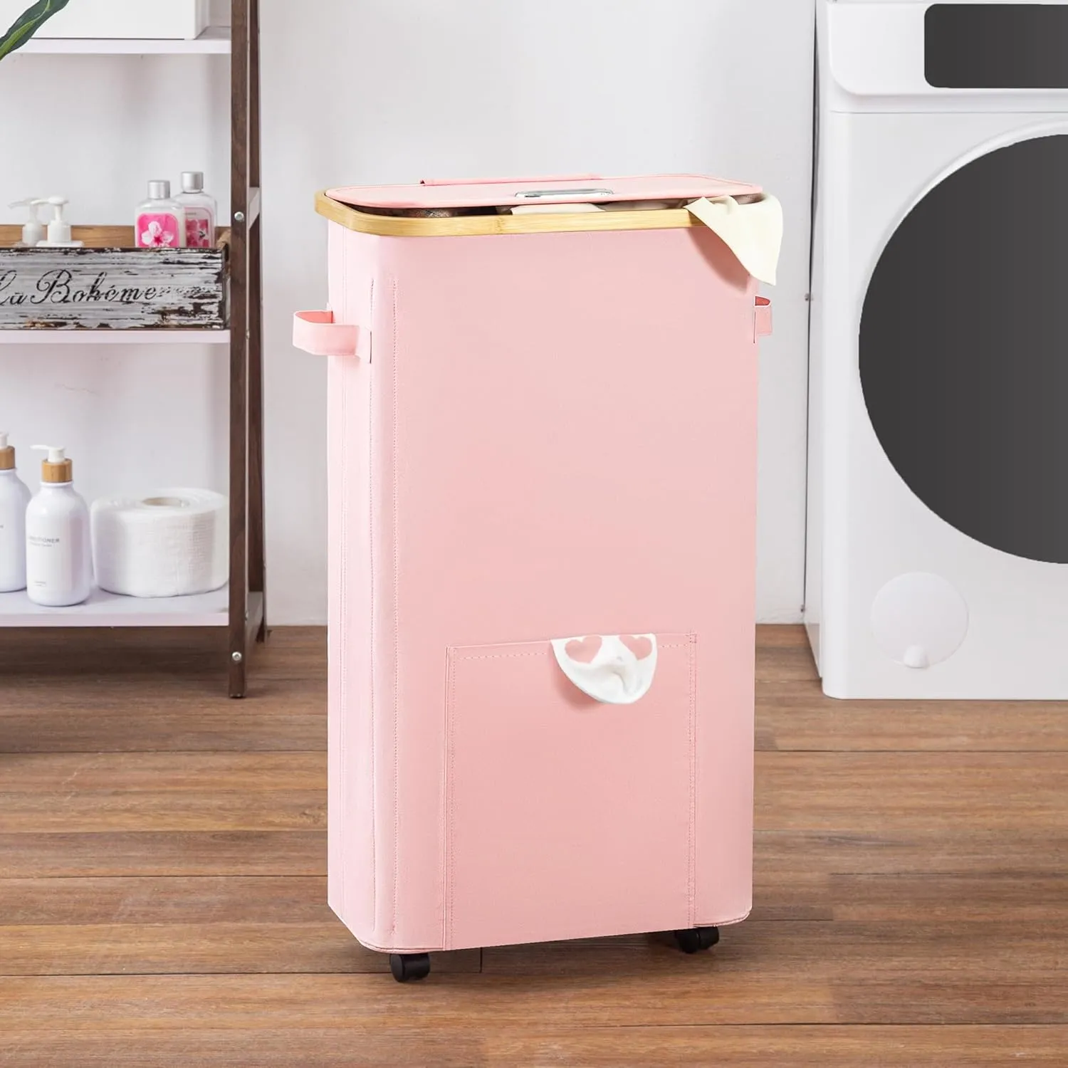 Slim Laundry Basket with Wheels, Tall Dirty Clothes Hamper on Wheels, Narrow Rolling Laundry Hamper with lid for Dorm, Bedroom and Bathroom, 65L Pink