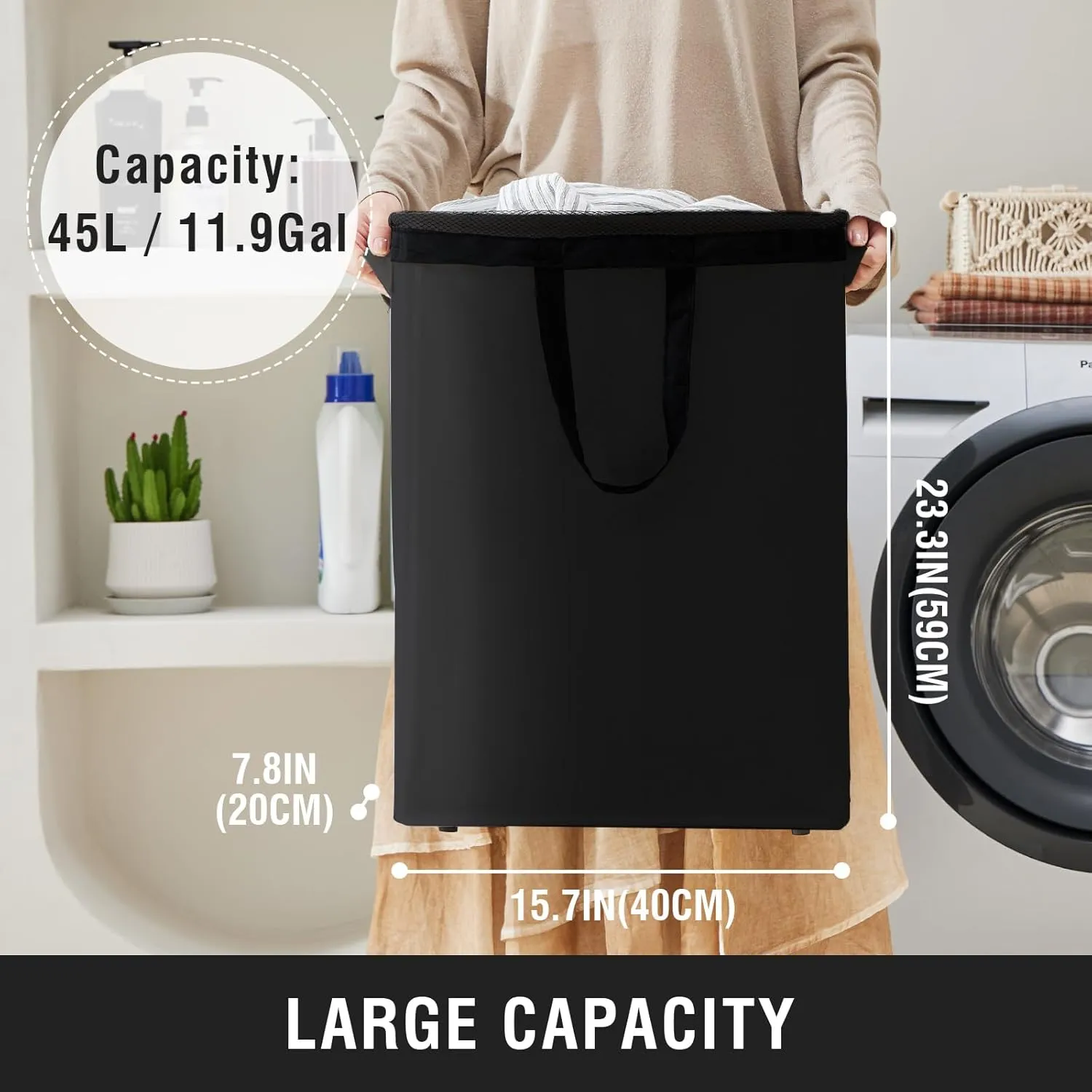 Slim Laundry Hamper with Removable Inner Bag and Side Handles, 45L Small Laundry Baskets to Store Clothes, Narrow Dirty Clothes Hamper for Laundry Room, Bathroom, Bedroom, and Living Room - Black