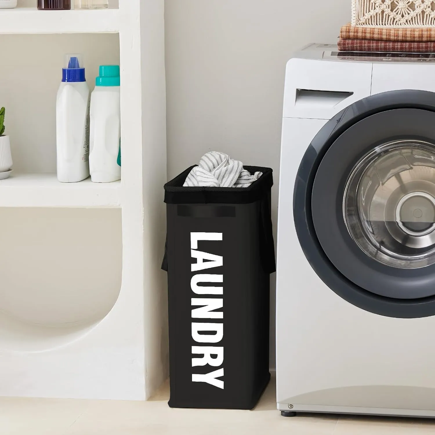 Slim Laundry Hamper with Removable Inner Bag and Side Handles, 45L Small Laundry Baskets to Store Clothes, Narrow Dirty Clothes Hamper for Laundry Room, Bathroom, Bedroom, and Living Room - Black