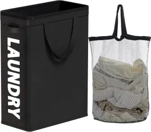 Slim Laundry Hamper with Removable Inner Bag and Side Handles, 45L Small Laundry Baskets to Store Clothes, Narrow Dirty Clothes Hamper for Laundry Room, Bathroom, Bedroom, and Living Room - Black