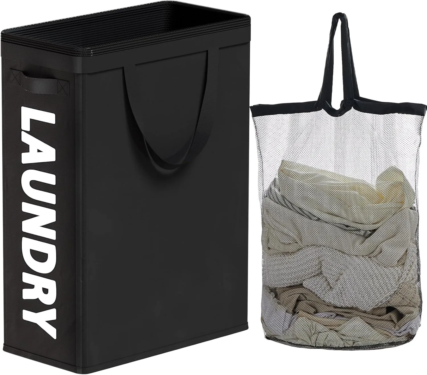 Slim Laundry Hamper with Removable Inner Bag and Side Handles, 45L Small Laundry Baskets to Store Clothes, Narrow Dirty Clothes Hamper for Laundry Room, Bathroom, Bedroom, and Living Room - Black