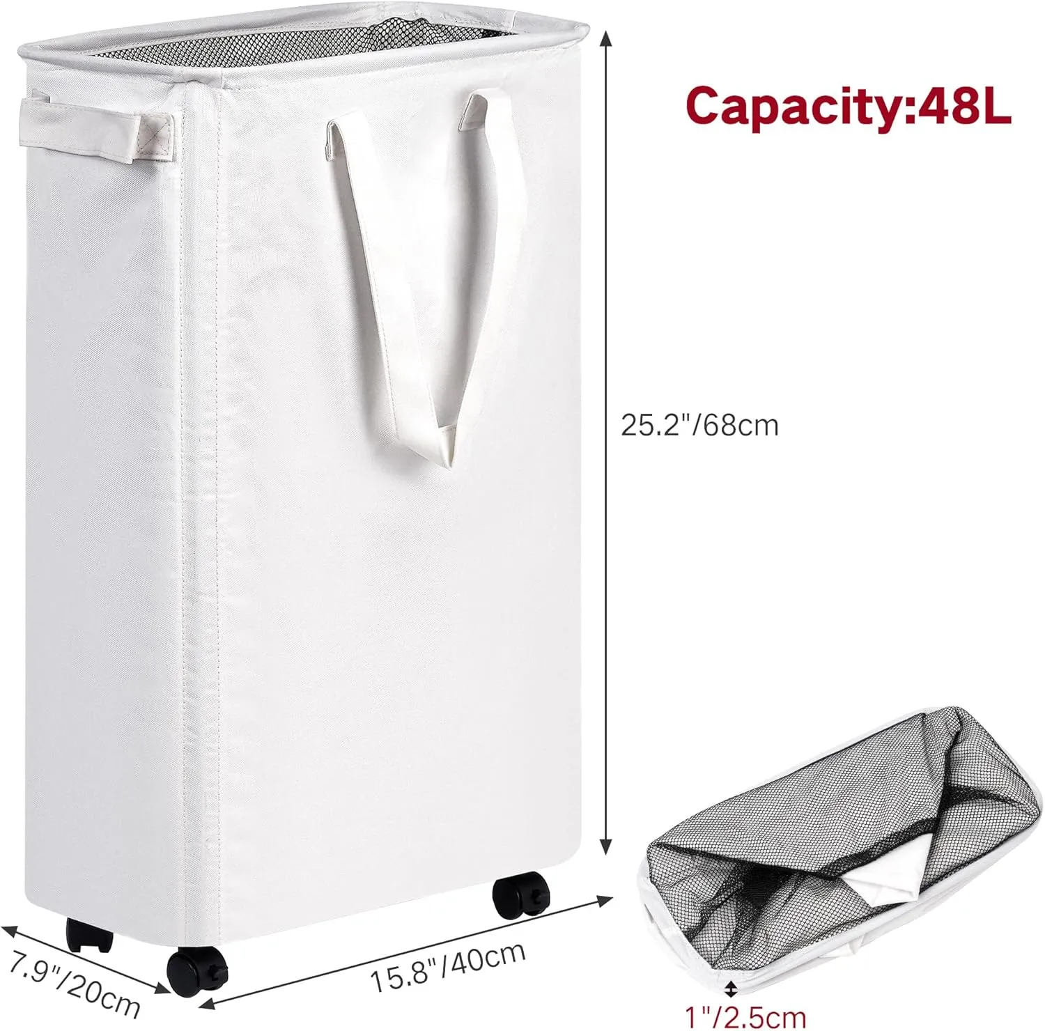 Slim Laundry Hamper with Wheels, Rolling Laundry Basket for Clothes, Small Laundry Basket for Bedroom, Dorm and Laundry Room, 48L (12.7 Gallons) White