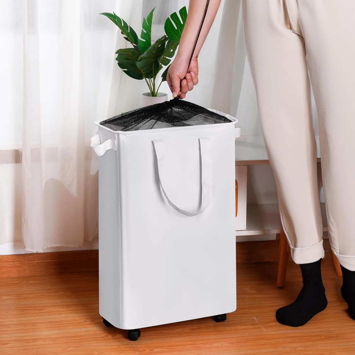 Slim Laundry Hamper with Wheels, Rolling Laundry Basket for Clothes, Small Laundry Basket for Bedroom, Dorm and Laundry Room, 48L (12.7 Gallons) White