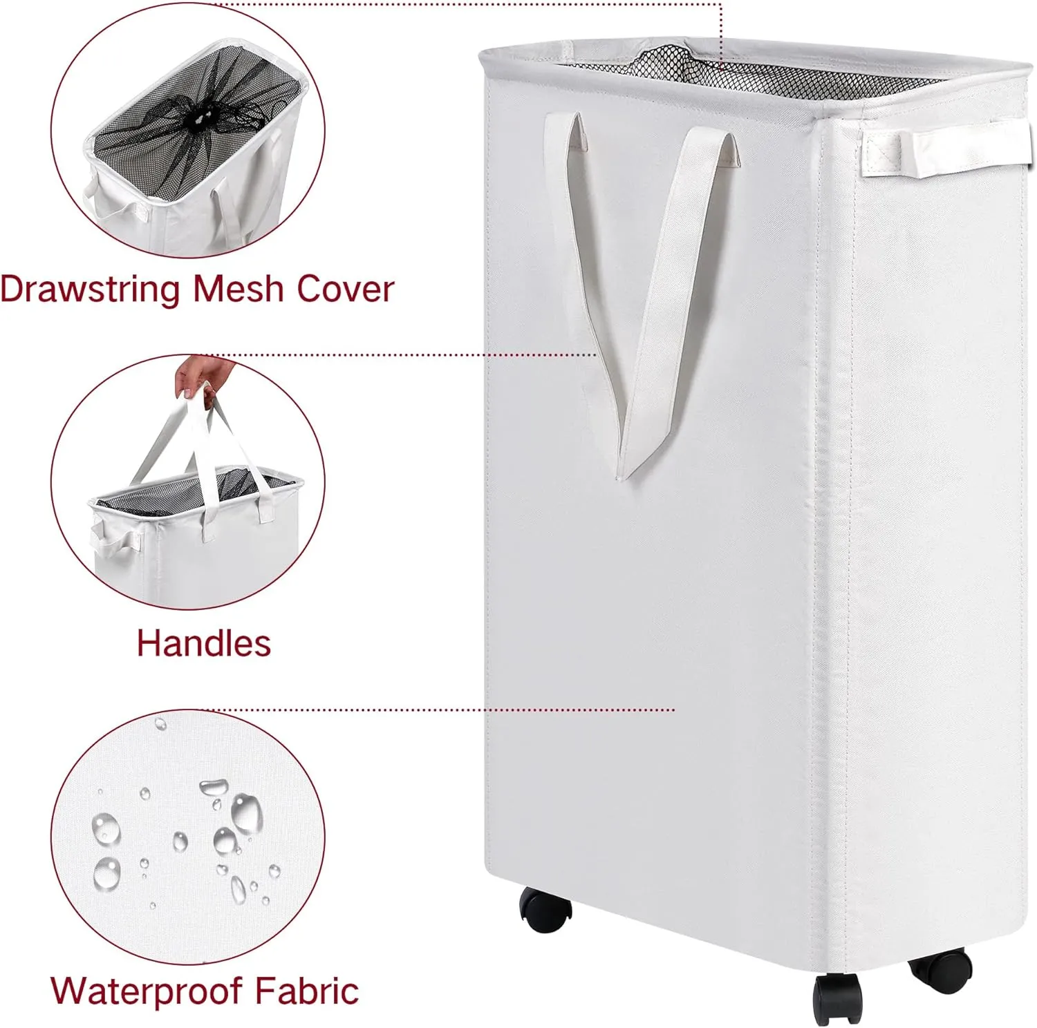 Slim Laundry Hamper with Wheels, Rolling Laundry Basket for Clothes, Small Laundry Basket for Bedroom, Dorm and Laundry Room, 48L (12.7 Gallons) White