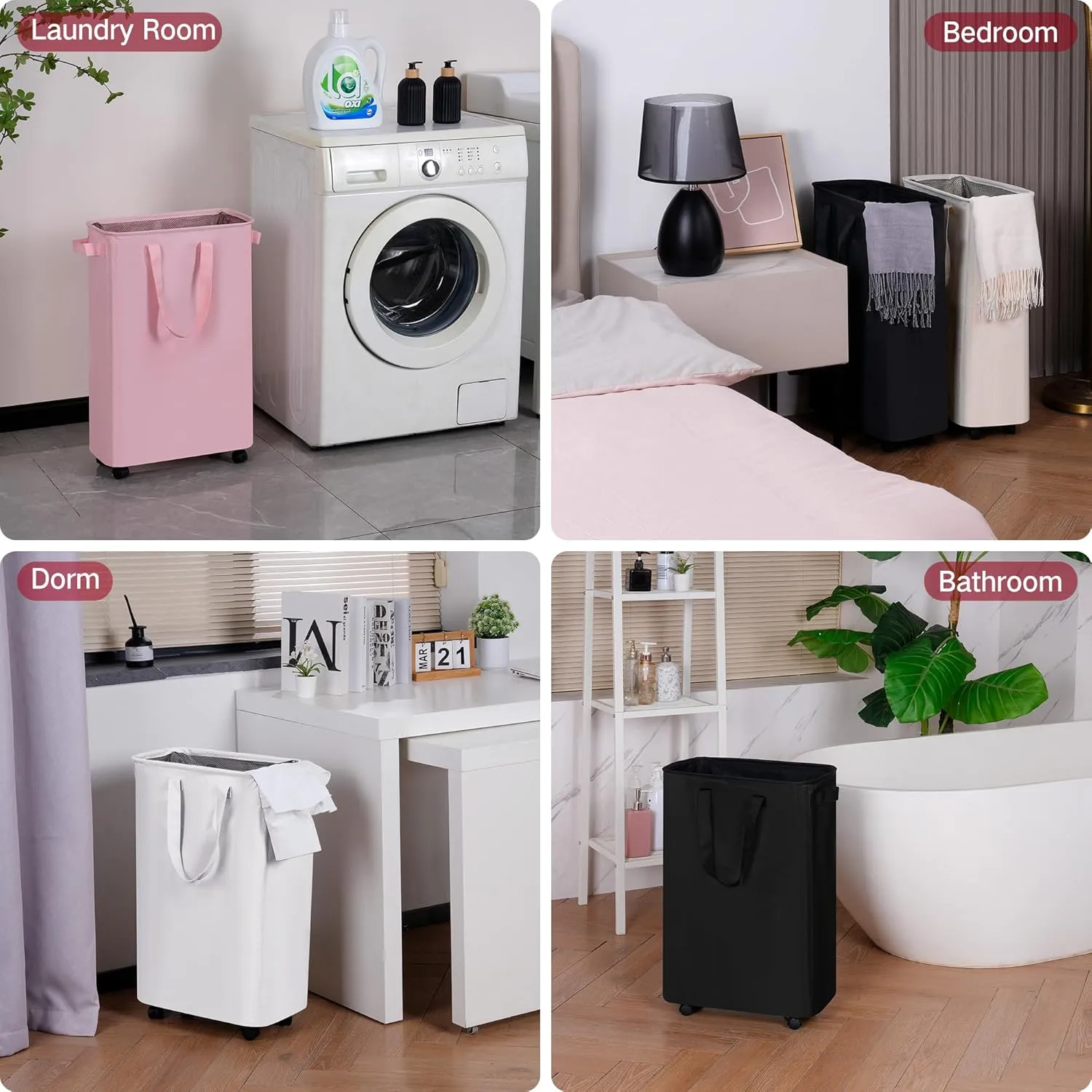 Slim Laundry Hamper with Wheels, Rolling Laundry Basket for Clothes, Small Laundry Basket for Bedroom, Dorm and Laundry Room, 48L (12.7 Gallons) White