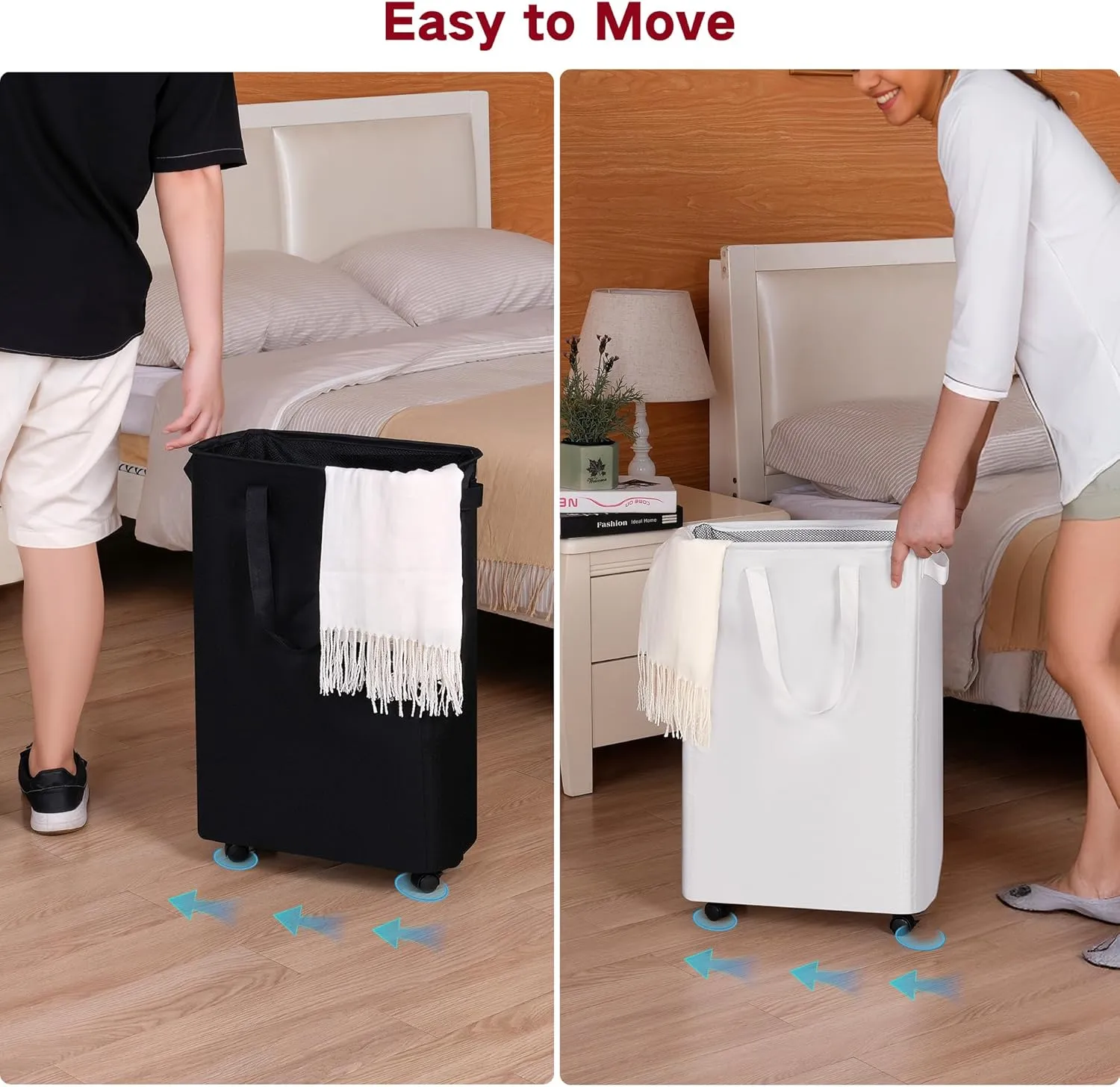 Slim Laundry Hamper with Wheels, Rolling Laundry Basket for Clothes, Small Laundry Basket for Bedroom, Dorm and Laundry Room, 48L (12.7 Gallons) White