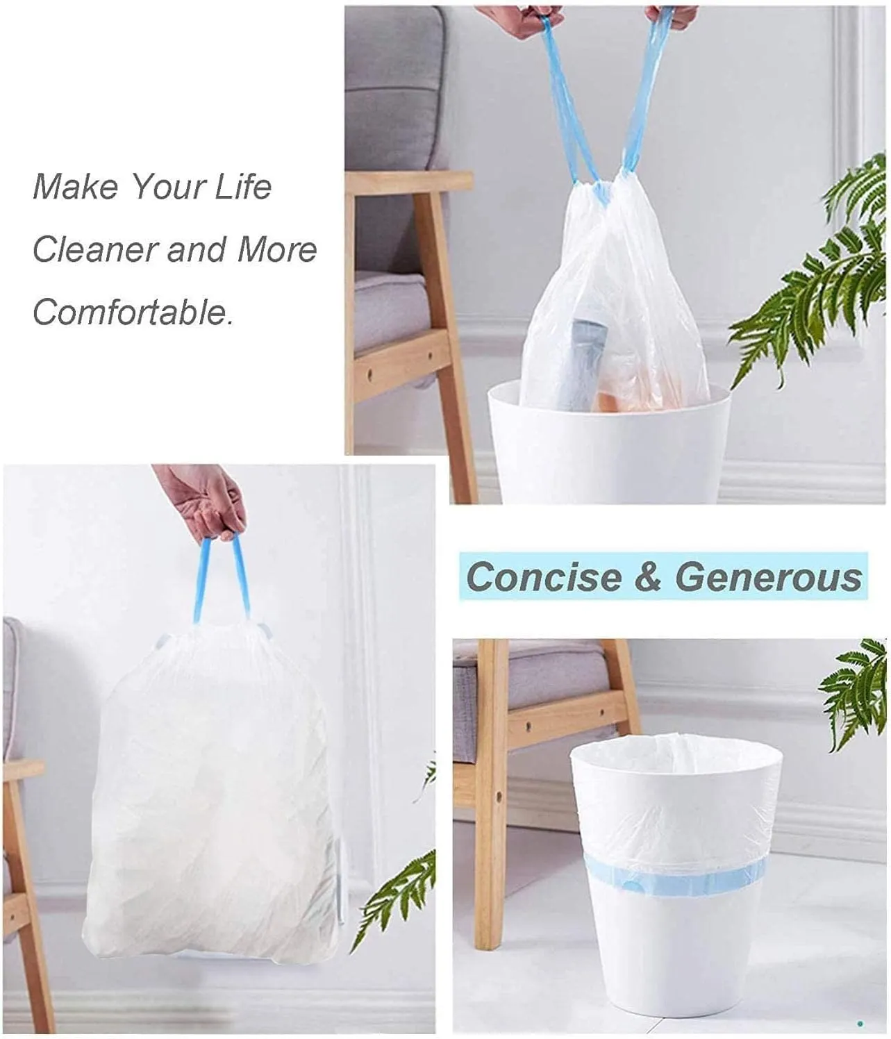 Small Trash Bags 3.5 Gallon, 100 Pcs Bathroom Garbage Bags, Blue Strap 3 Gallon Trash Bag Kitchen Garbage Bags(White) With Drawstring Quickly Pack Garbage