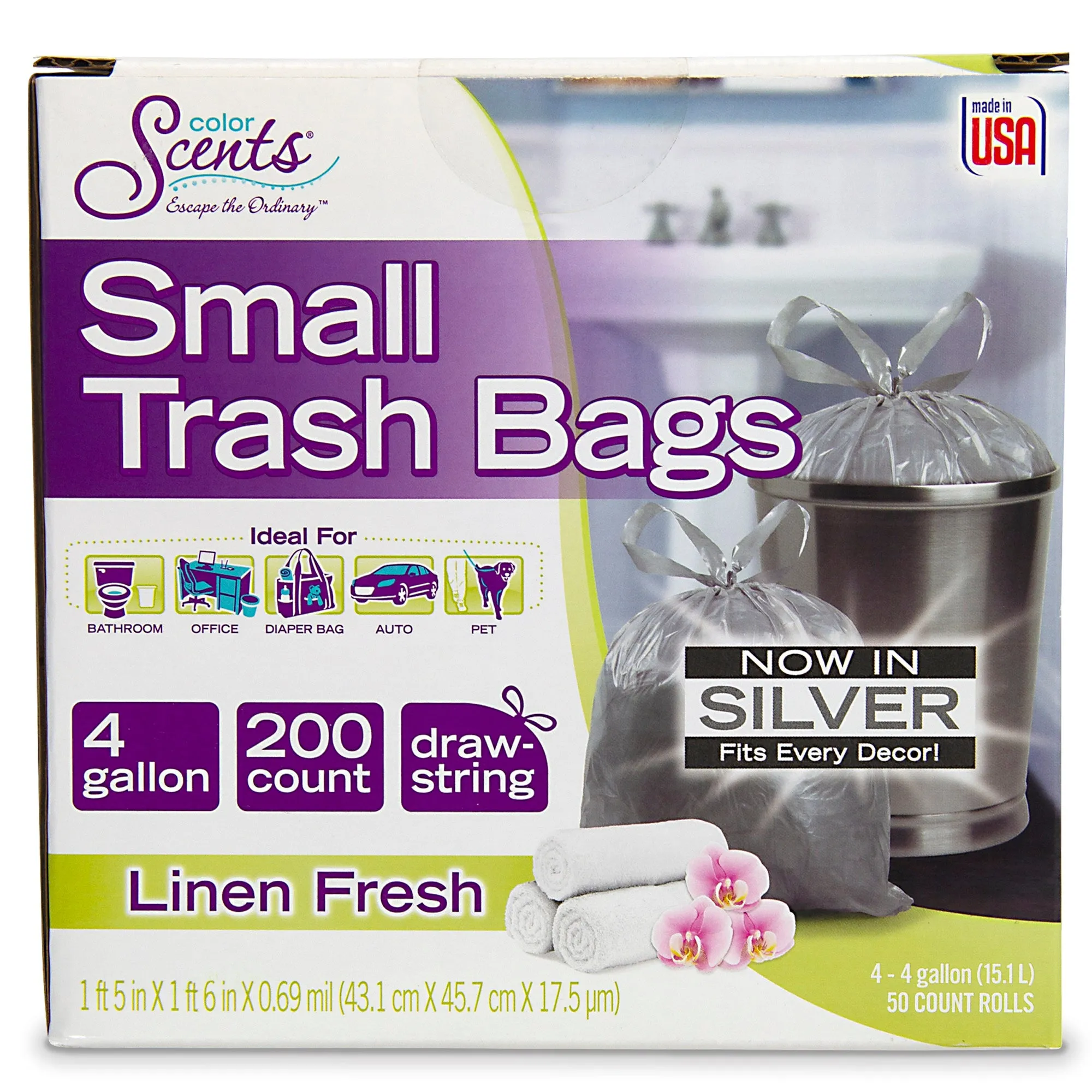 Small Trash Bags, 4 Gallon, 200 Bags (Drawstring, Linen Fresh Scent)