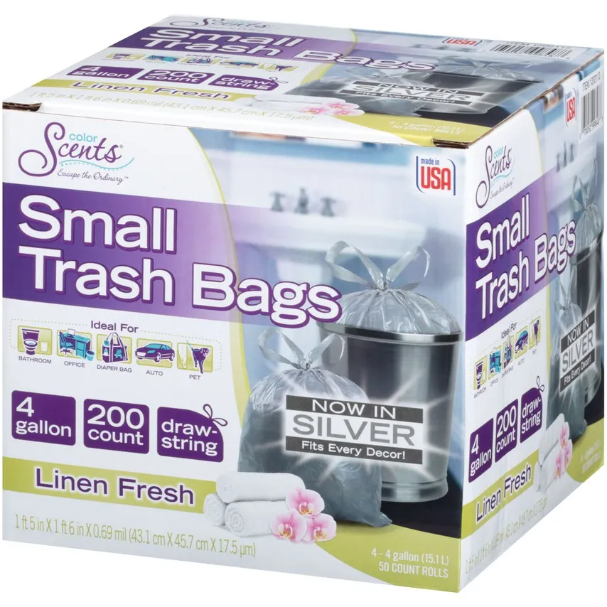 Small Trash Bags, 4 Gallon, 200 Bags (Drawstring, Linen Fresh Scent)