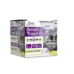Small Trash Bags, 4 Gallon, 200 Bags (Drawstring, Linen Fresh Scent)