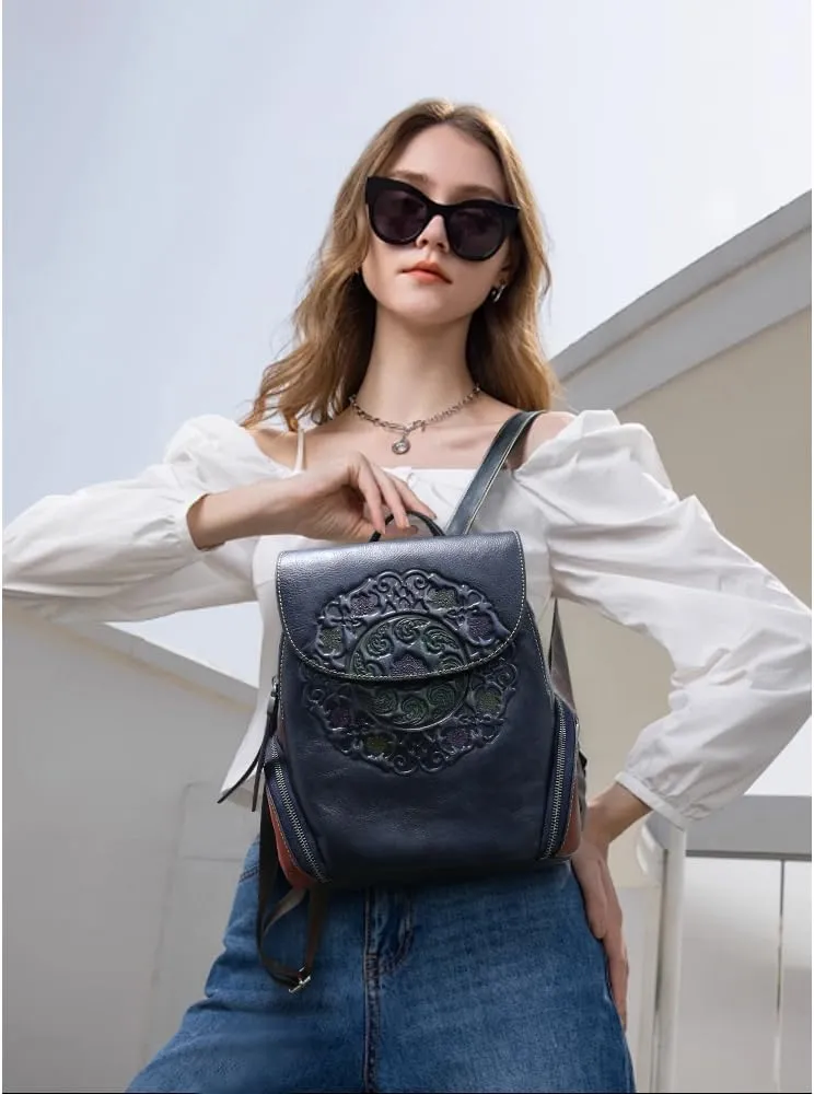 Small Travel backpack purse for women Genuine Leather Anti Theft Backpack with USB Charging Port Fashion Vintage Embossed Totem Backpacks Navy