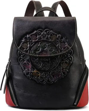 Small Travel backpack purse for women Genuine Leather Anti Theft Backpack with USB Charging Port Fashion Vintage Embossed Totem Backpacks Navy