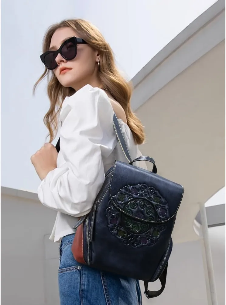 Small Travel backpack purse for women Genuine Leather Anti Theft Backpack with USB Charging Port Fashion Vintage Embossed Totem Backpacks Navy