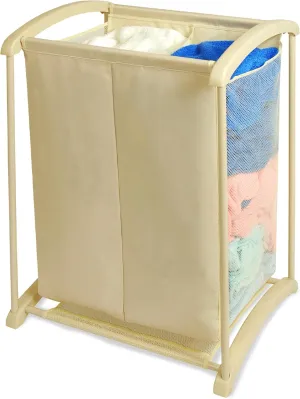 Smart Design 2 Compartment Laundry Sorter Hamper - Holds 6 Loads - Heavy Duty Polyester - Clothing, Clothes, Kids, Laundry Organizer - Home Organization - 15 x 28.38 Inch - Beige
